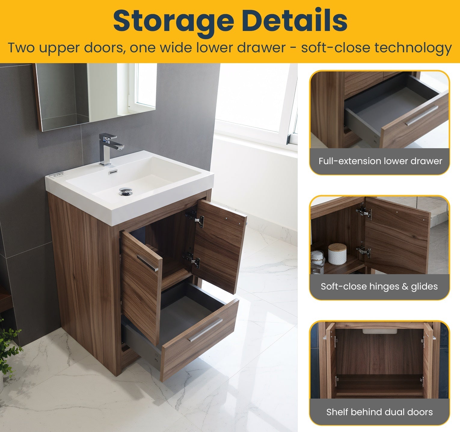 24" Walnut Freestanding Bathroom Vanity with White Polymarble Countertop-Migration_Bathroom Vanities-DECOROLALA