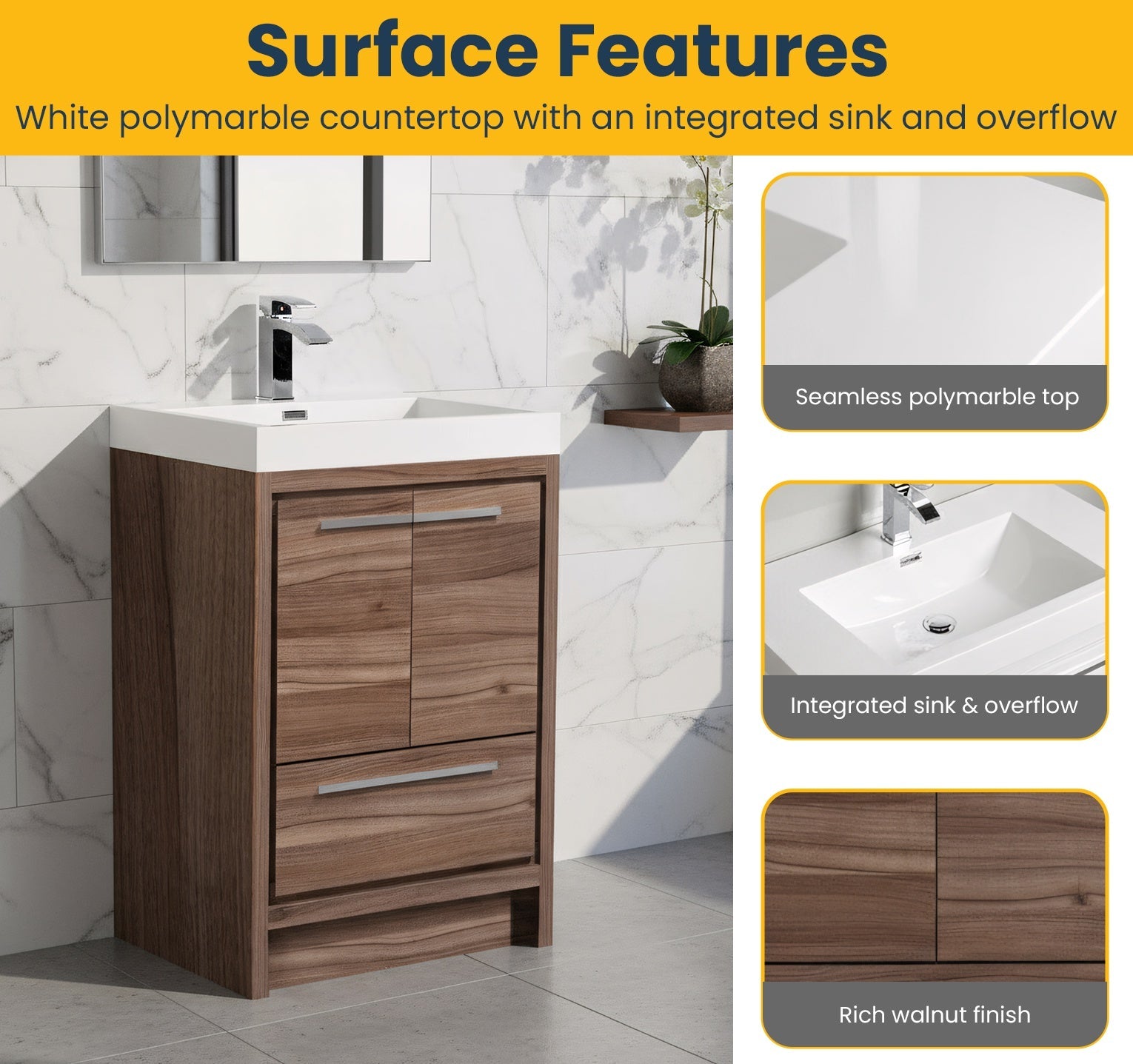 24" Walnut Freestanding Bathroom Vanity with White Polymarble Countertop-Migration_Bathroom Vanities-DECOROLALA