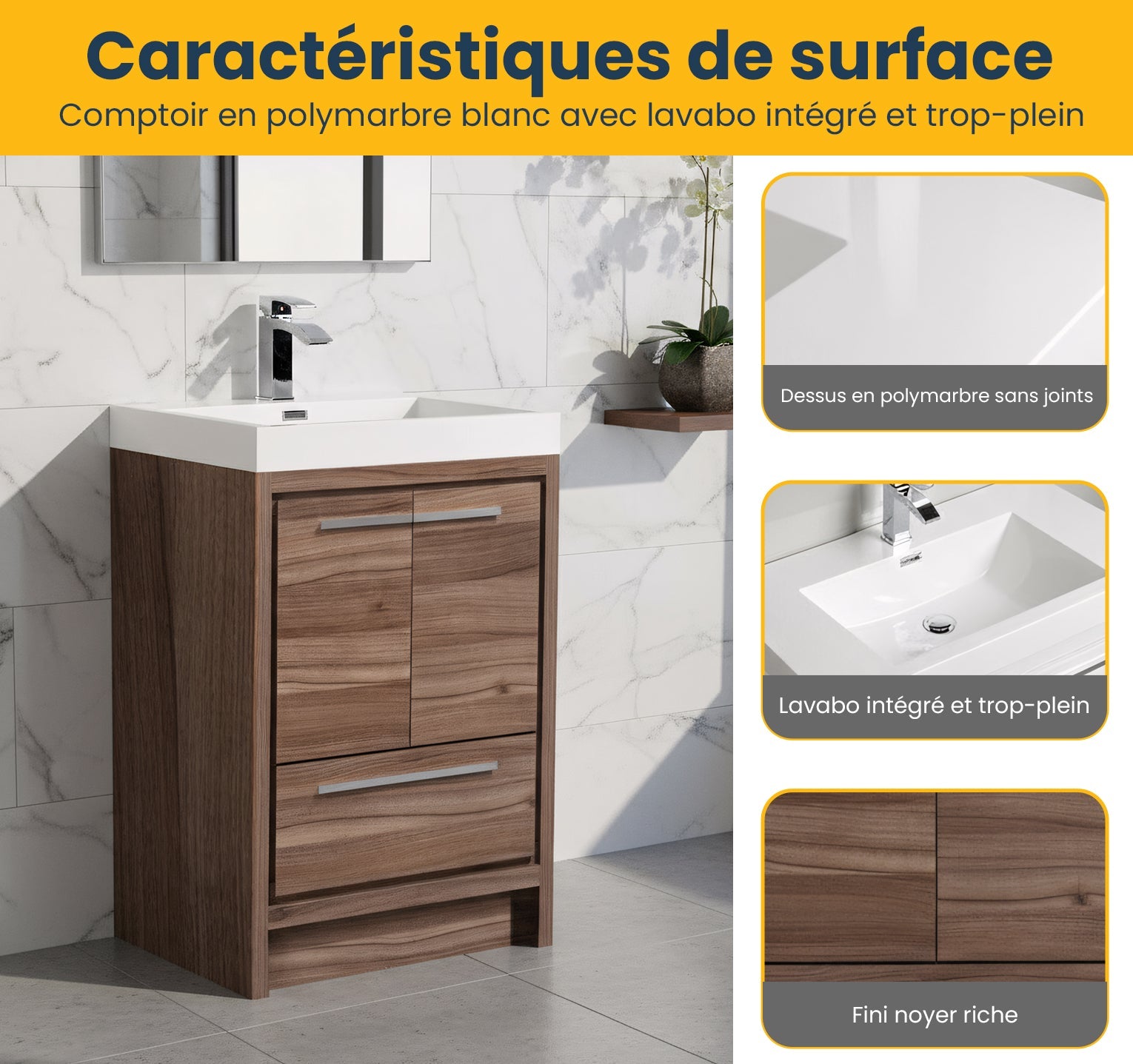 24" Walnut Freestanding Bathroom Vanity with White Polymarble Countertop-Migration_Bathroom Vanities-DECOROLALA