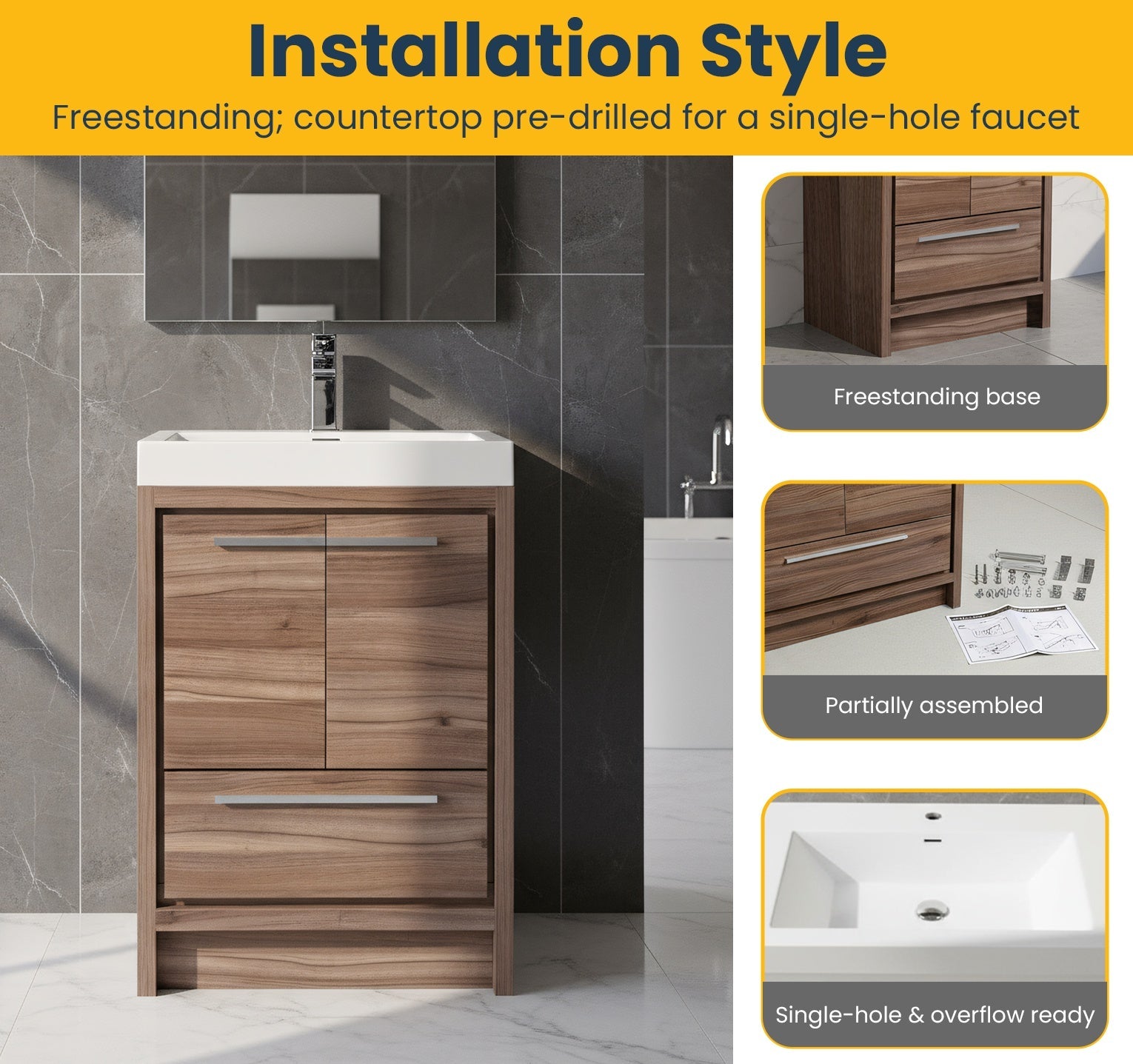 24" Walnut Freestanding Bathroom Vanity with White Polymarble Countertop-Migration_Bathroom Vanities-DECOROLALA