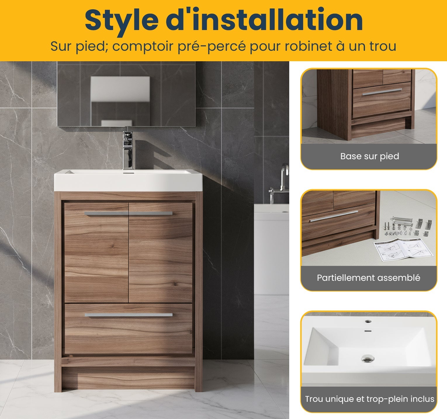 24" Walnut Freestanding Bathroom Vanity with White Polymarble Countertop-Migration_Bathroom Vanities-DECOROLALA