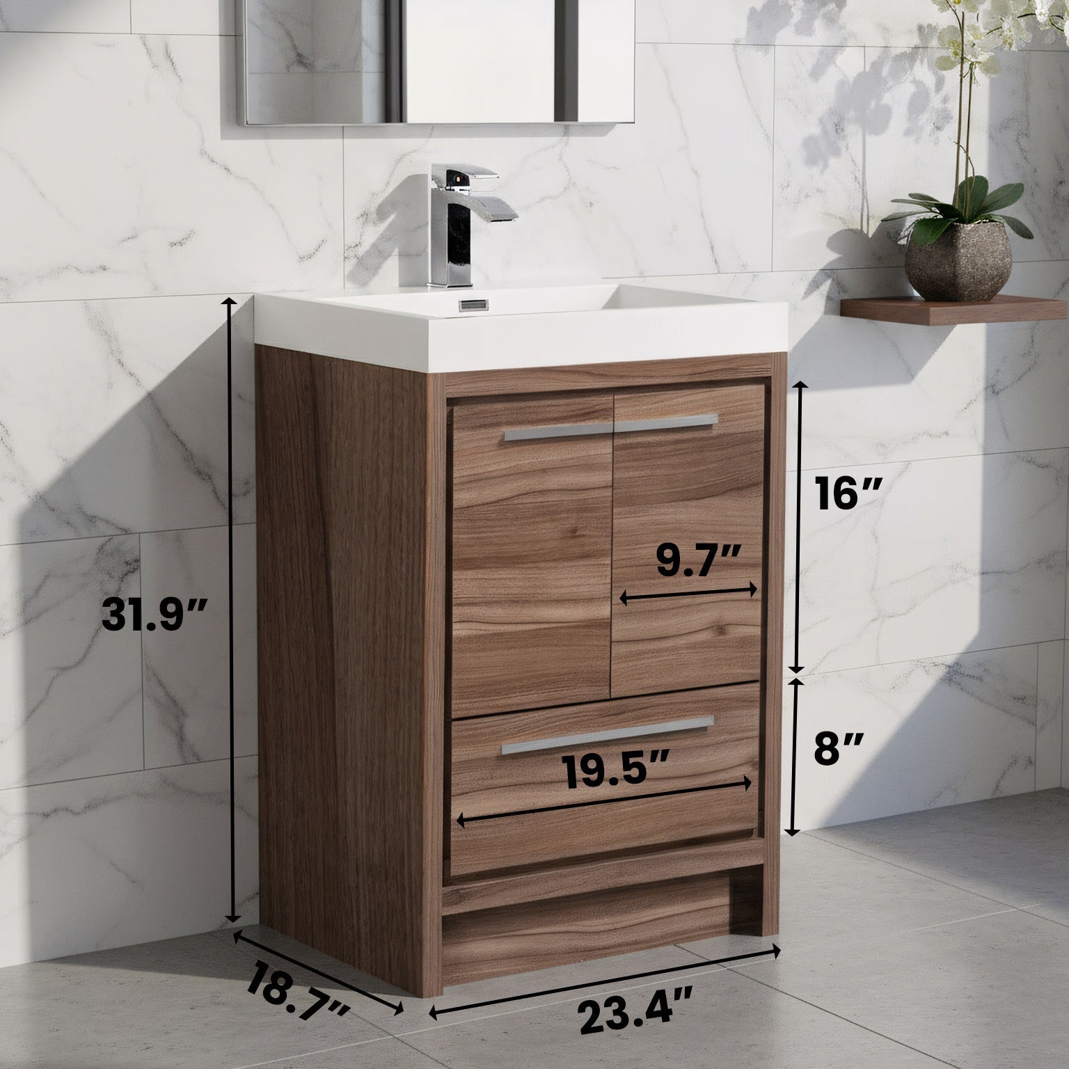 24" Walnut Freestanding Bathroom Vanity with White Polymarble Countertop-Migration_Bathroom Vanities-DECOROLALA