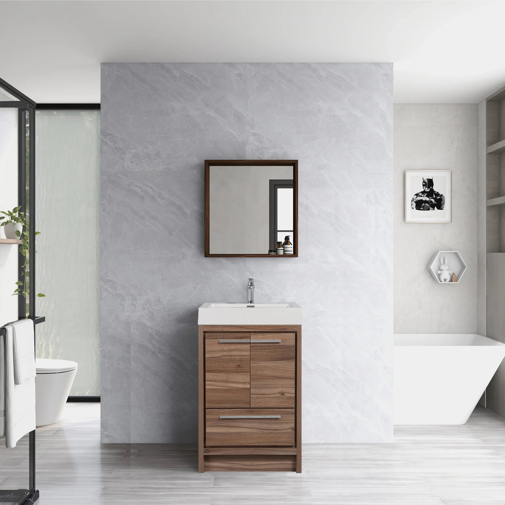 24" Walnut Freestanding Bathroom Vanity with White Polymarble Countertop-Migration_Bathroom Vanities-DECOROLALA