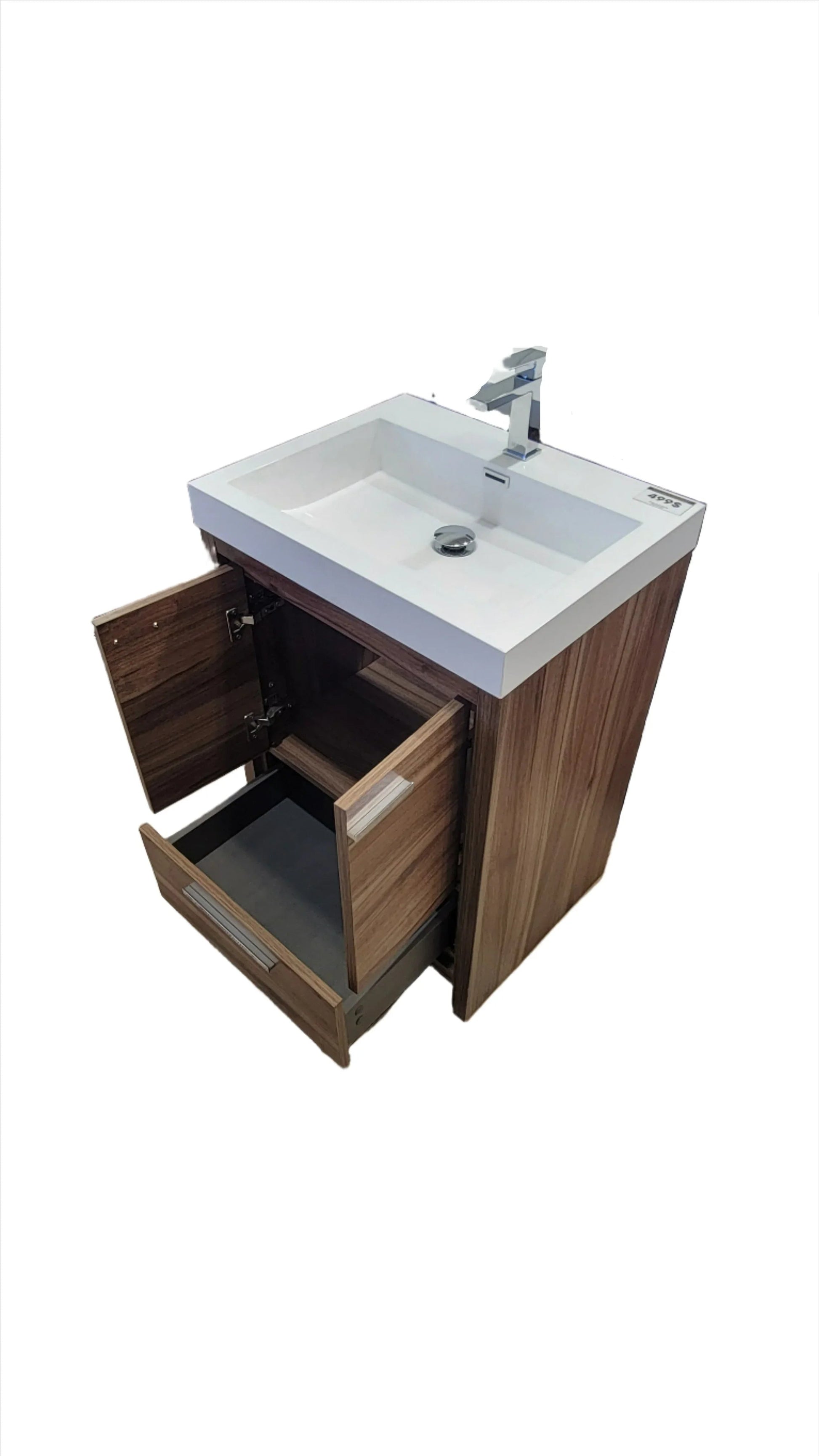 24" Walnut Freestanding Bathroom Vanity with White Polymarble Countertop-Migration_Bathroom Vanities-DECOROLALA
