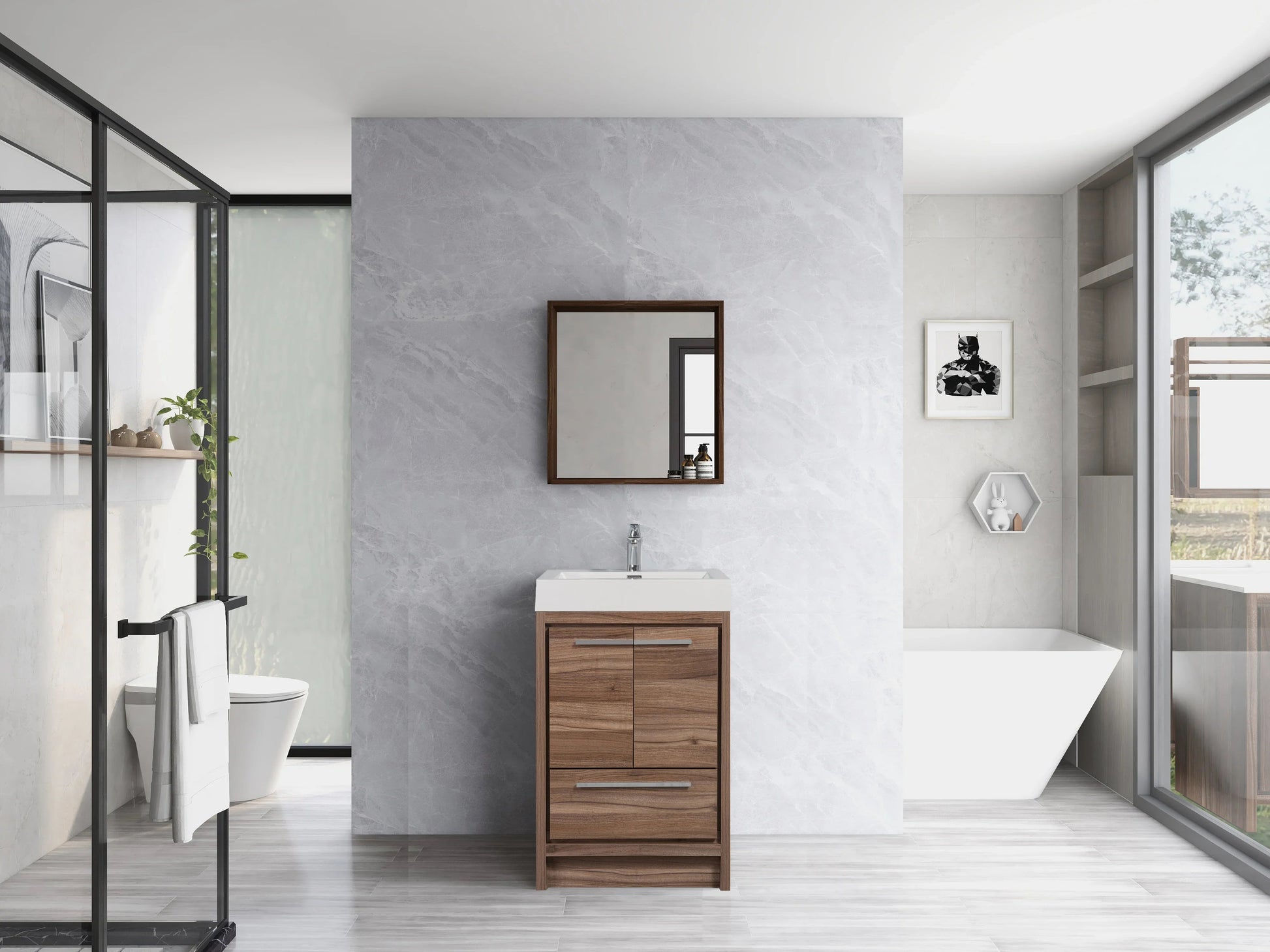 24" Walnut Freestanding Bathroom Vanity with White Polymarble Countertop-Migration_Bathroom Vanities-DECOROLALA