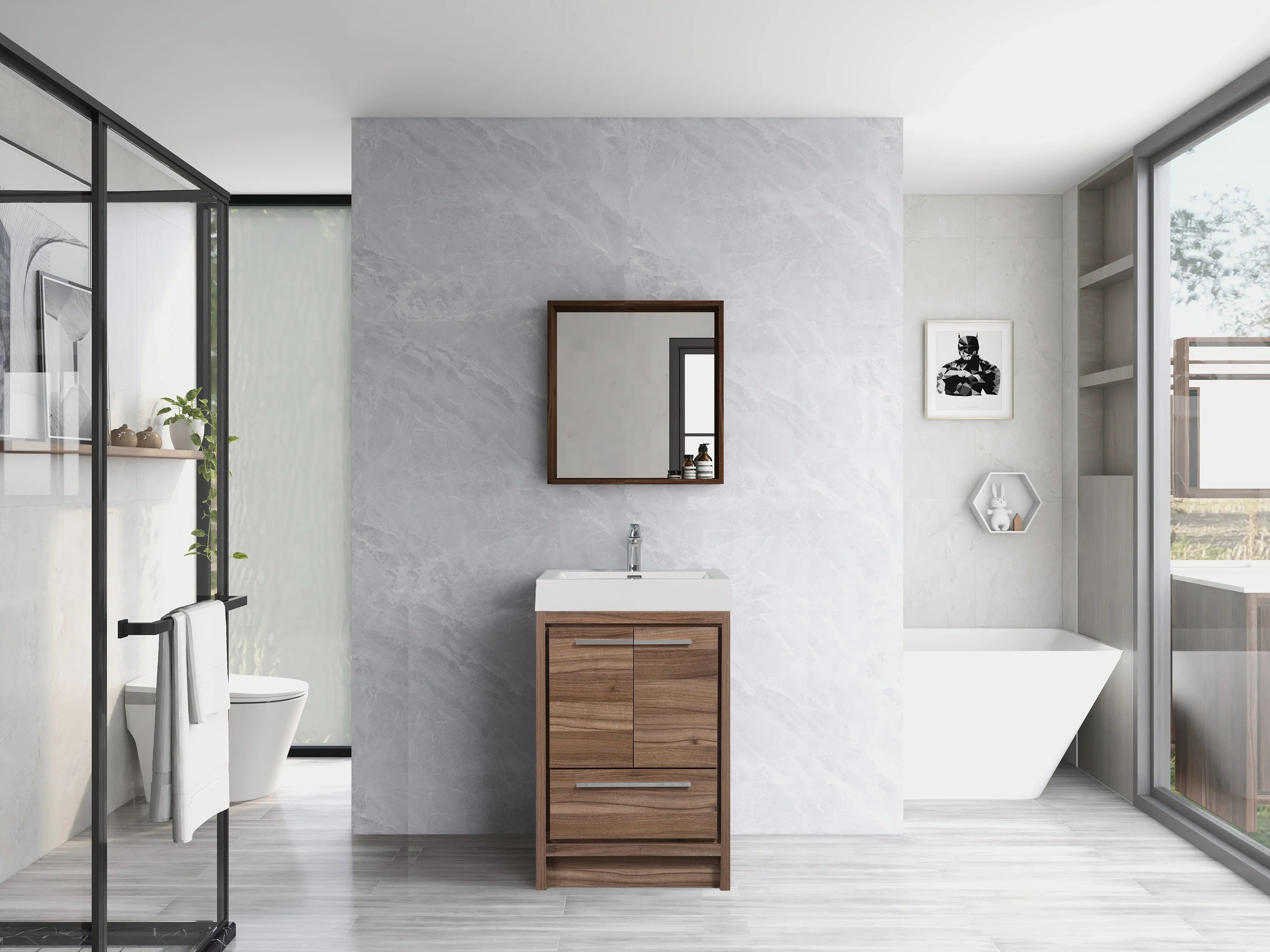 24" Walnut Freestanding Bathroom Vanity with White Polymarble Countertop-Migration_Bathroom Vanities-DECOROLALA