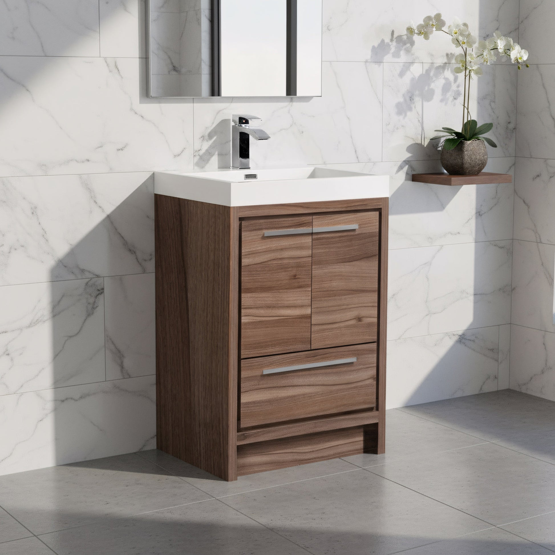 24" Walnut Freestanding Bathroom Vanity with White Polymarble Countertop-Migration_Bathroom Vanities-DECOROLALA