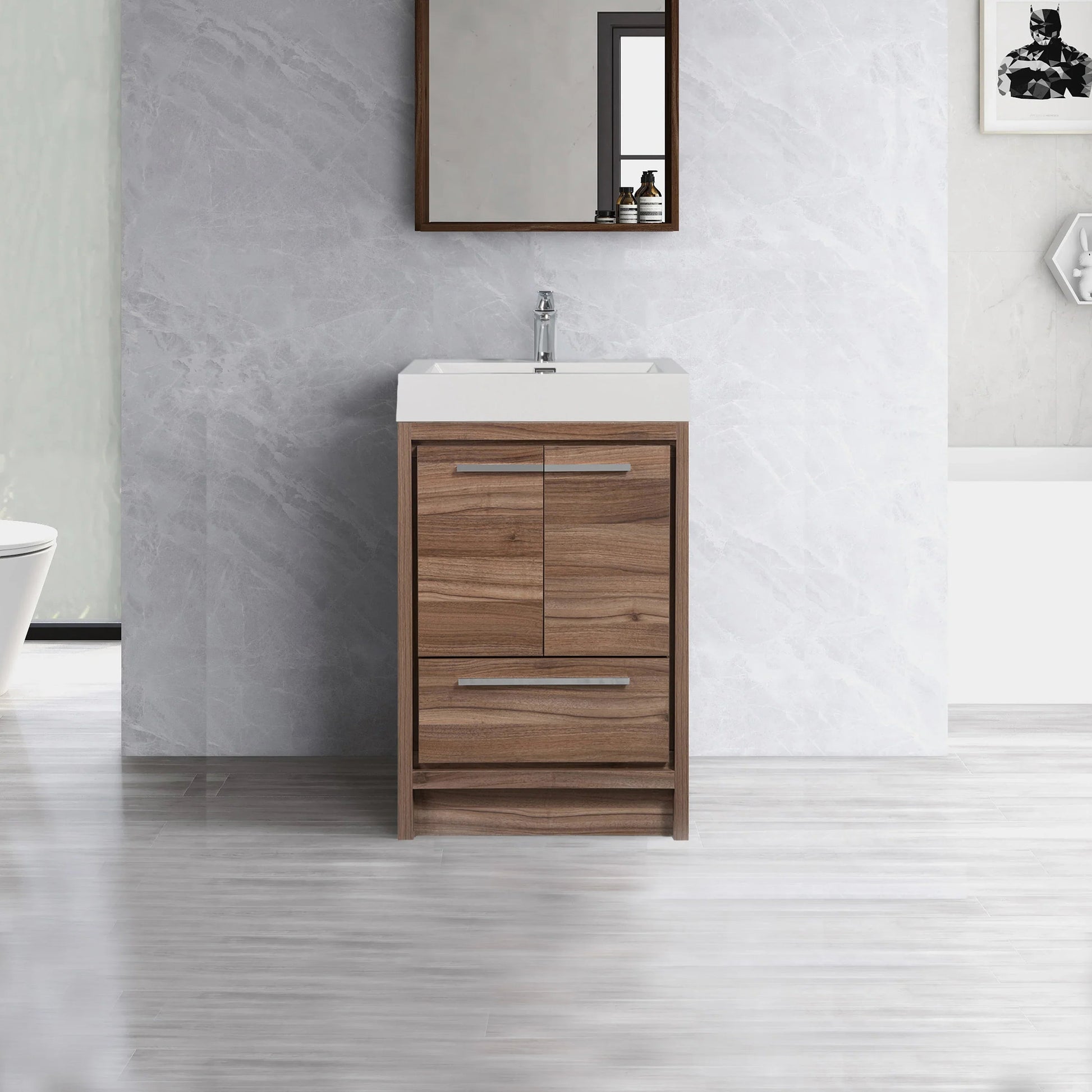 24" Walnut Freestanding Bathroom Vanity with White Polymarble Countertop-Migration_Bathroom Vanities-DECOROLALA