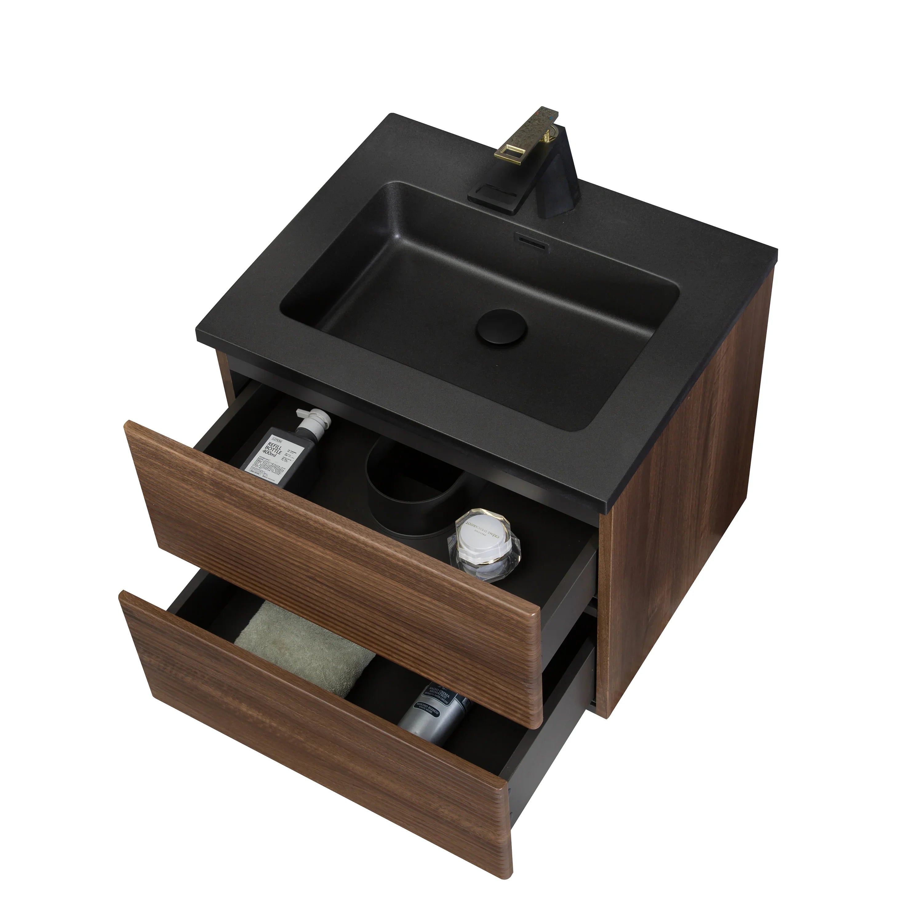 24" Walnut Wall Mount Bathroom Vanity with Black Engineered Quartz Countertop-Migration_Bathroom Vanities-DECOROLALA