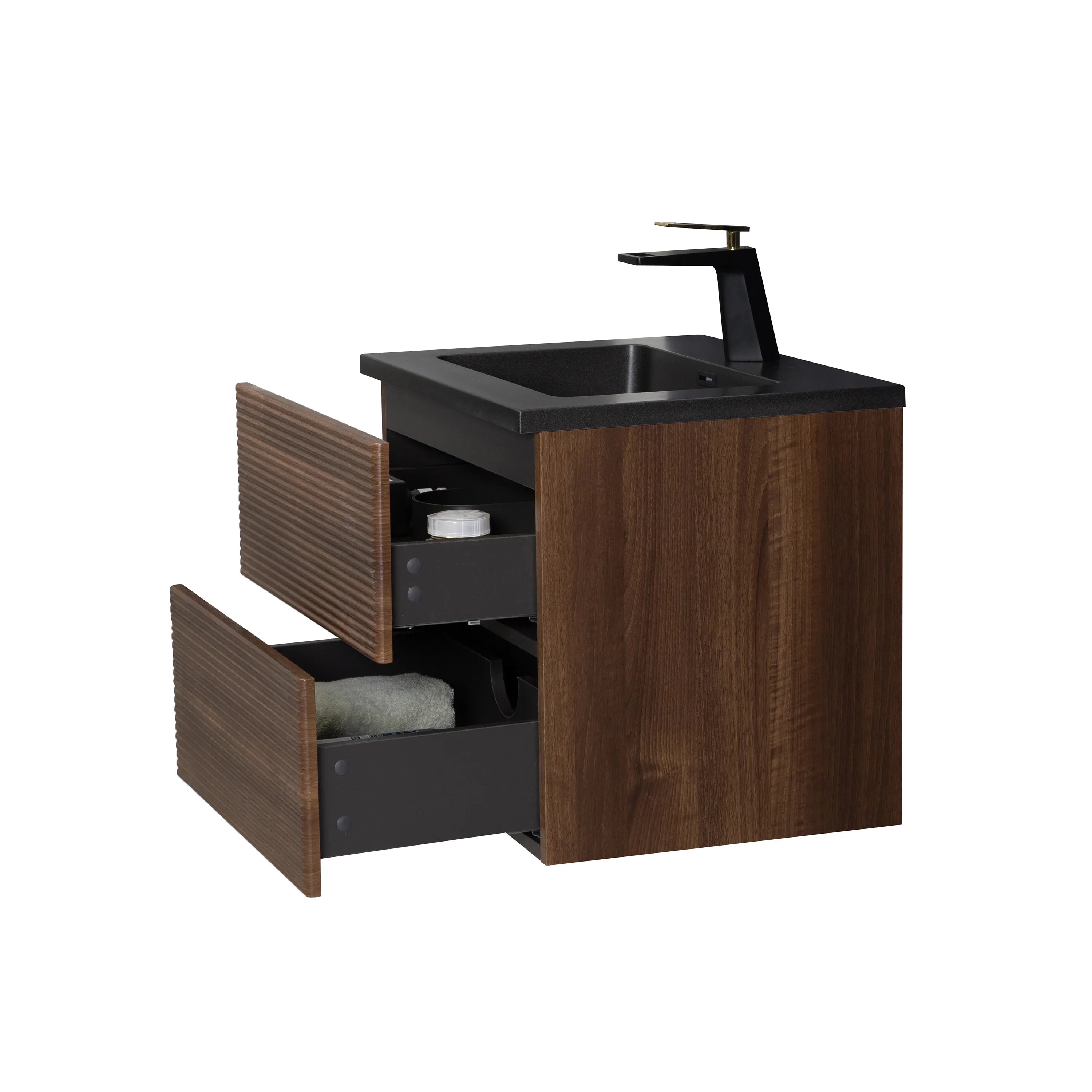 24" Walnut Wall Mount Bathroom Vanity with Black Engineered Quartz Countertop-Migration_Bathroom Vanities-DECOROLALA