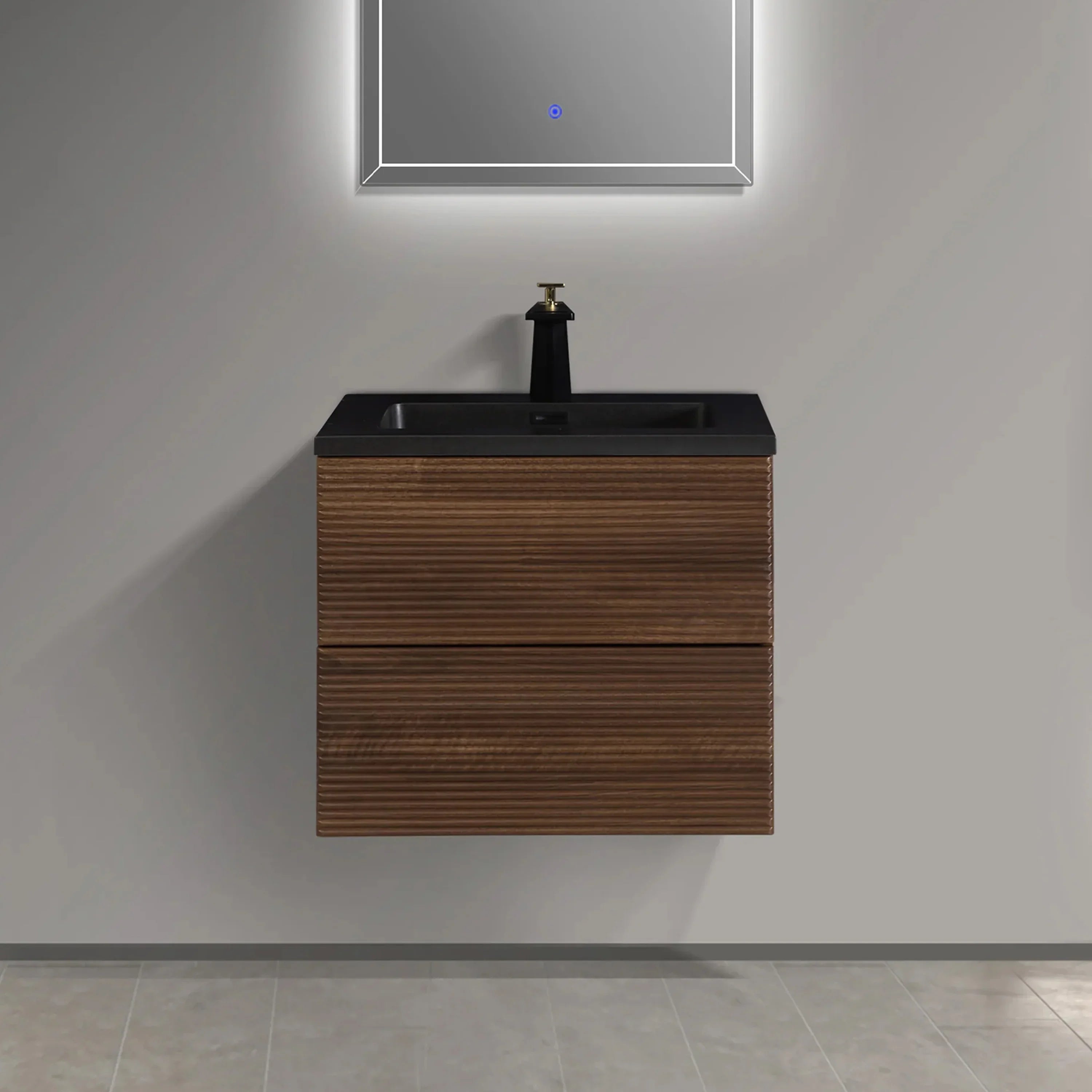24" Walnut Wall Mount Bathroom Vanity with Black Engineered Quartz Countertop-Migration_Bathroom Vanities-DECOROLALA