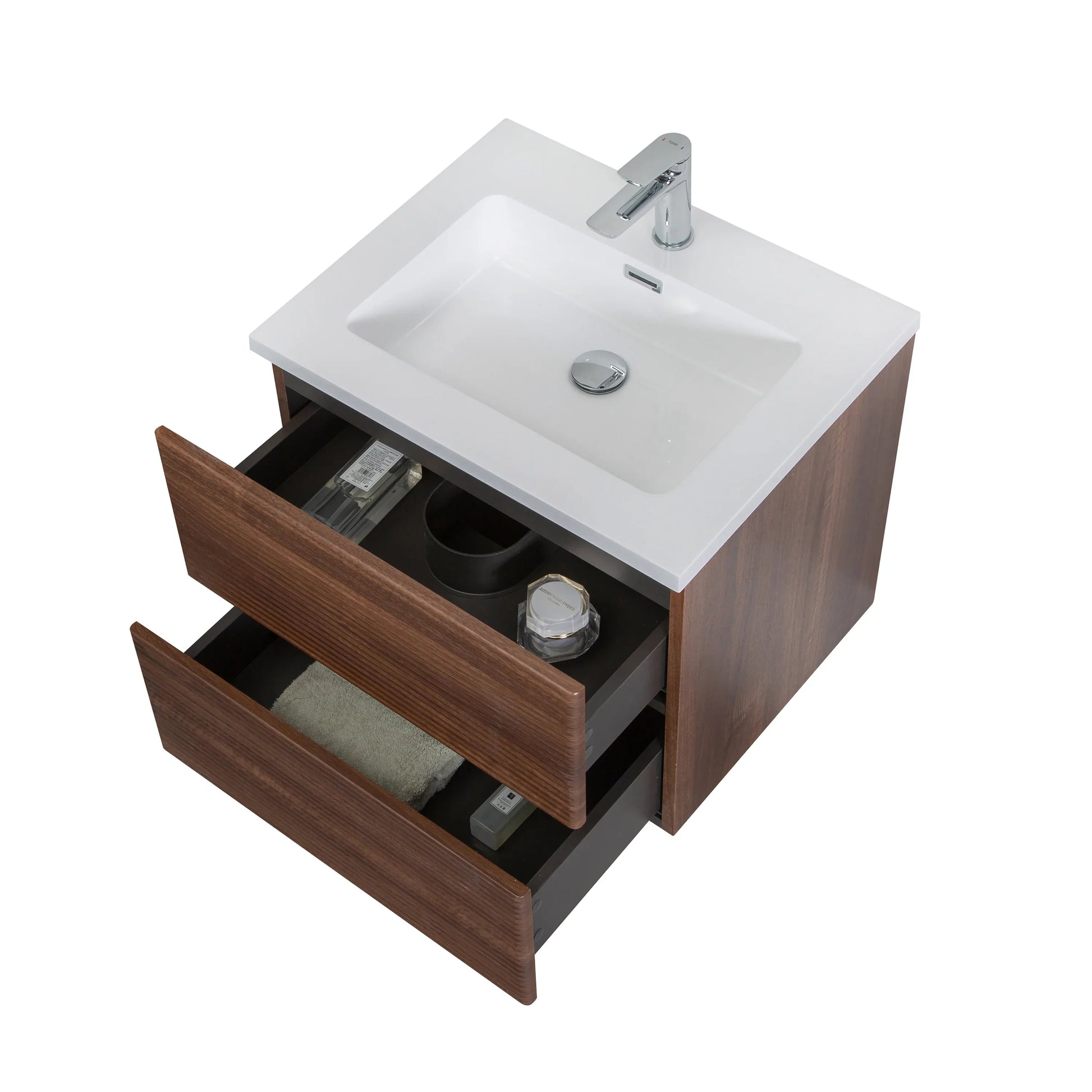 24" Walnut Wall Mount Bathroom Vanity with White Polymarble Countertop-Migration_Bathroom Vanities-DECOROLALA