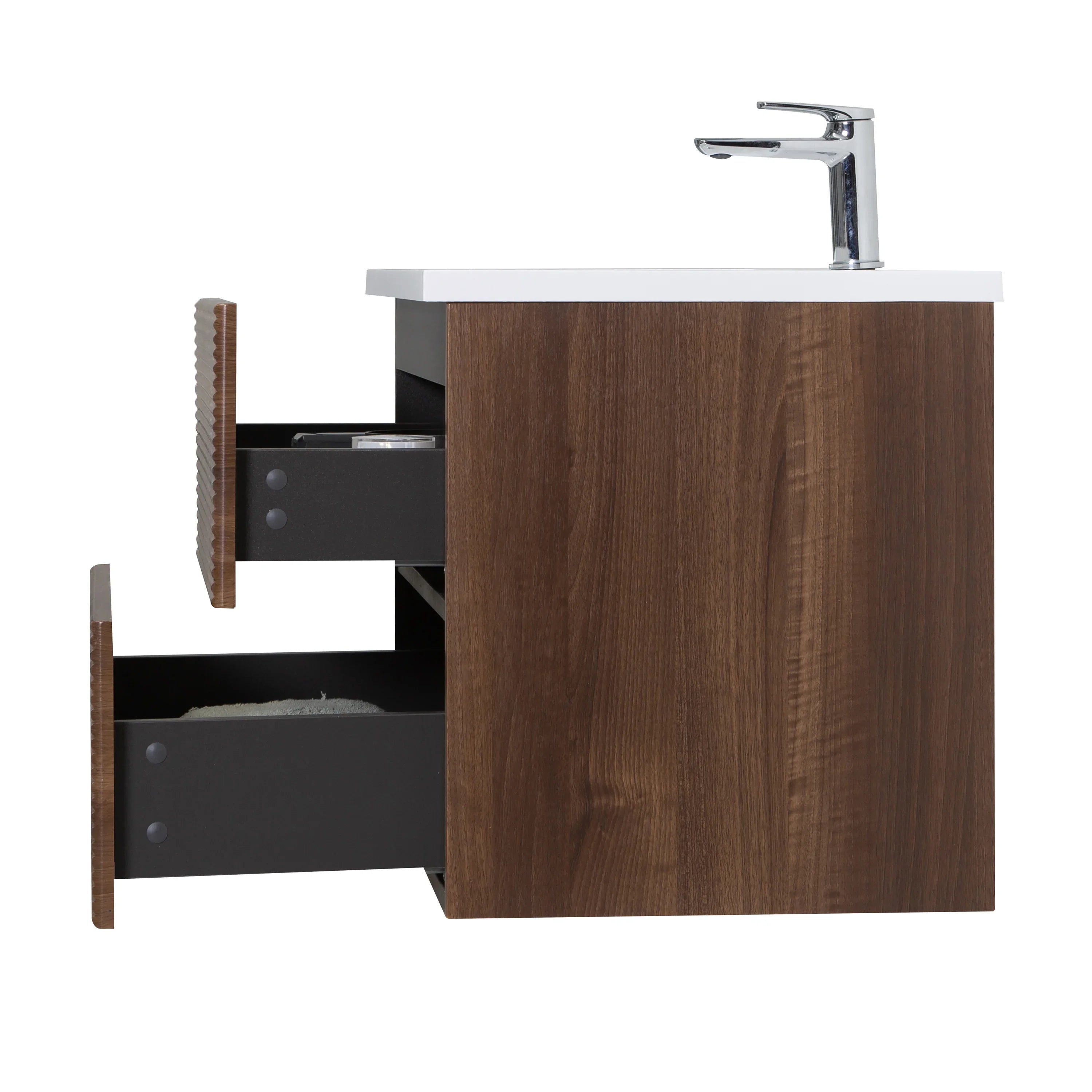 24" Walnut Wall Mount Bathroom Vanity with White Polymarble Countertop-Migration_Bathroom Vanities-DECOROLALA