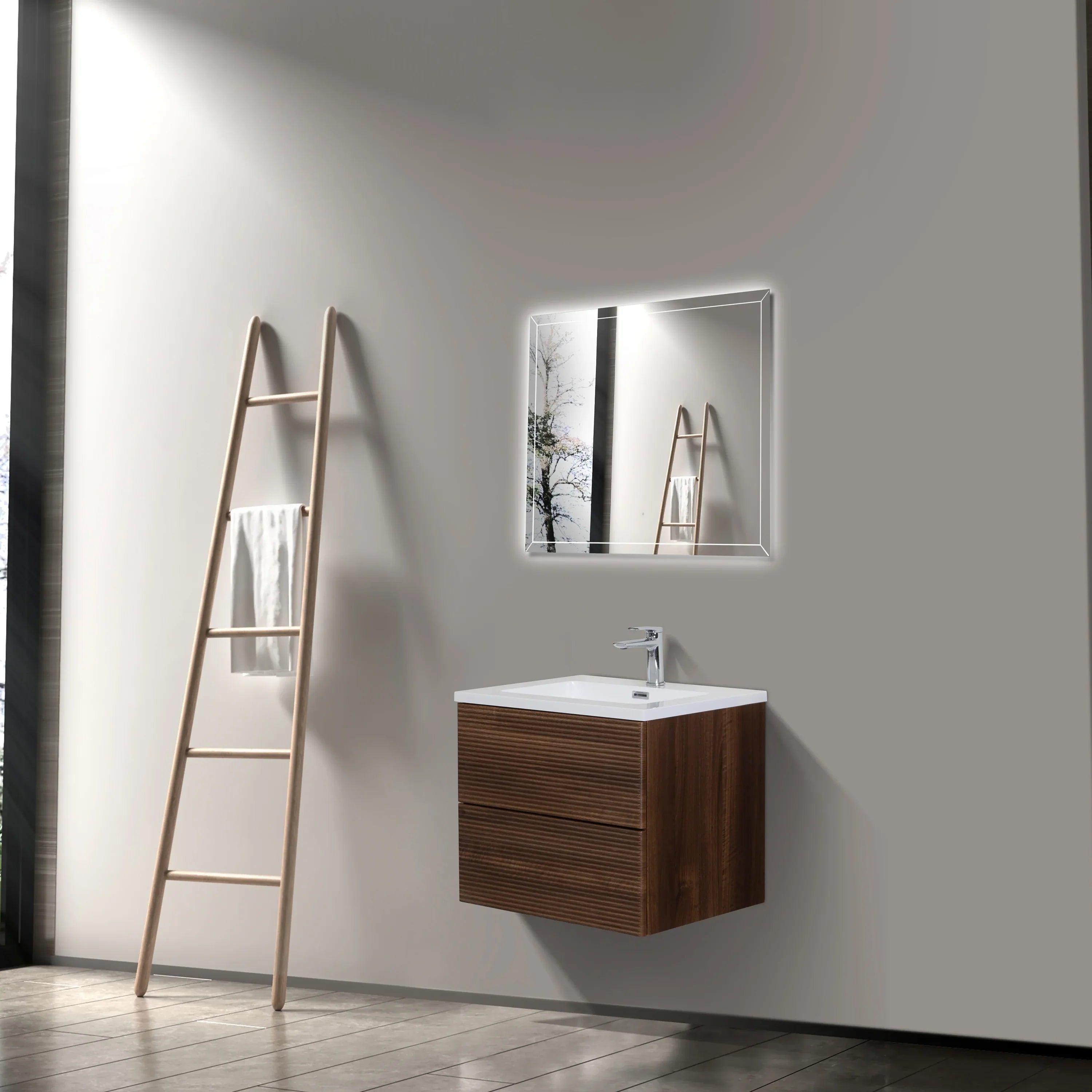 24" Walnut Wall Mount Bathroom Vanity with White Polymarble Countertop-Migration_Bathroom Vanities-DECOROLALA