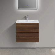 24" Walnut Wall Mount Bathroom Vanity with White Polymarble Countertop-Migration_Bathroom Vanities-DECOROLALA