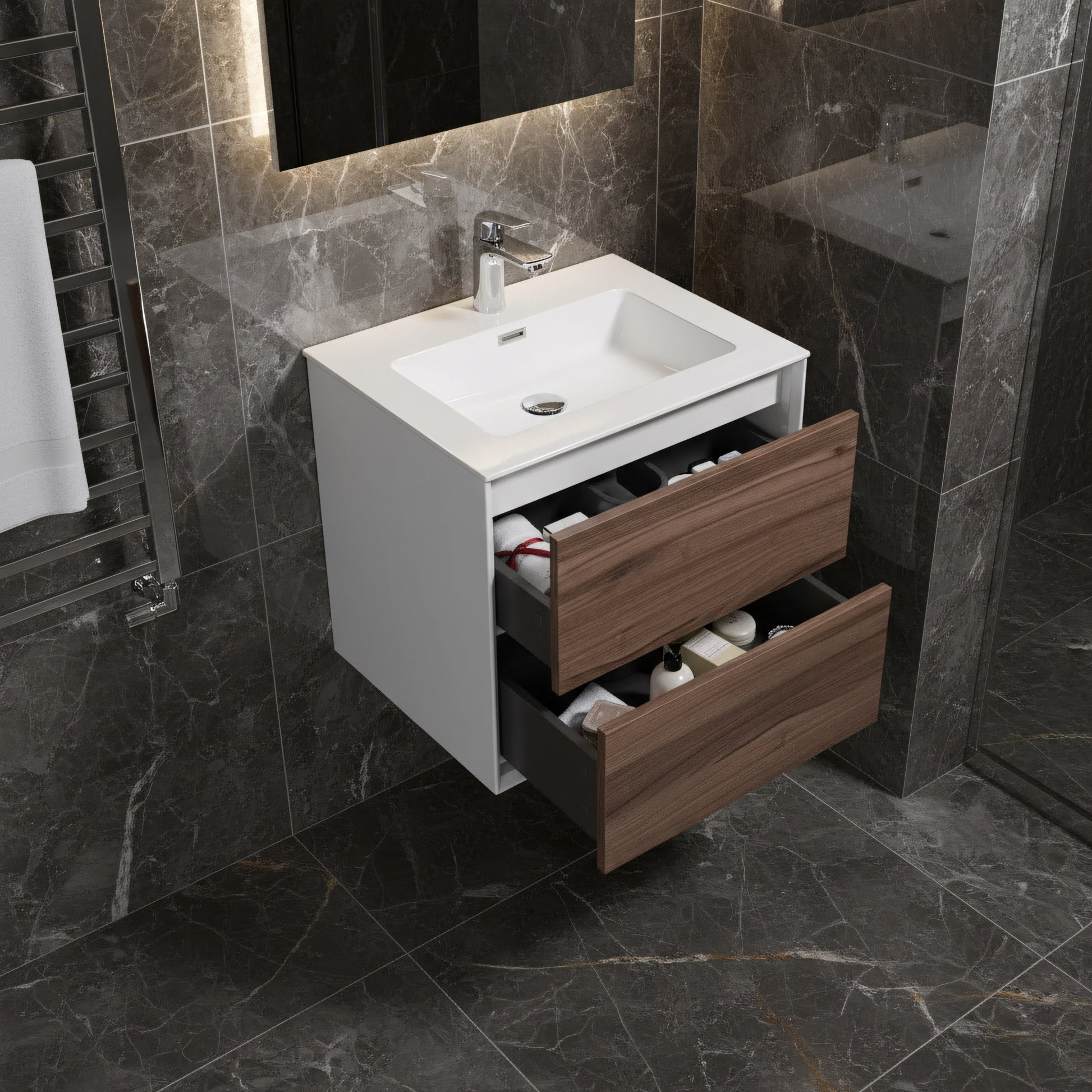 24" Walnut Wall Mount Vanity with White Polymarble Countertop-Migration_Bathroom Vanities-DECOROLALA