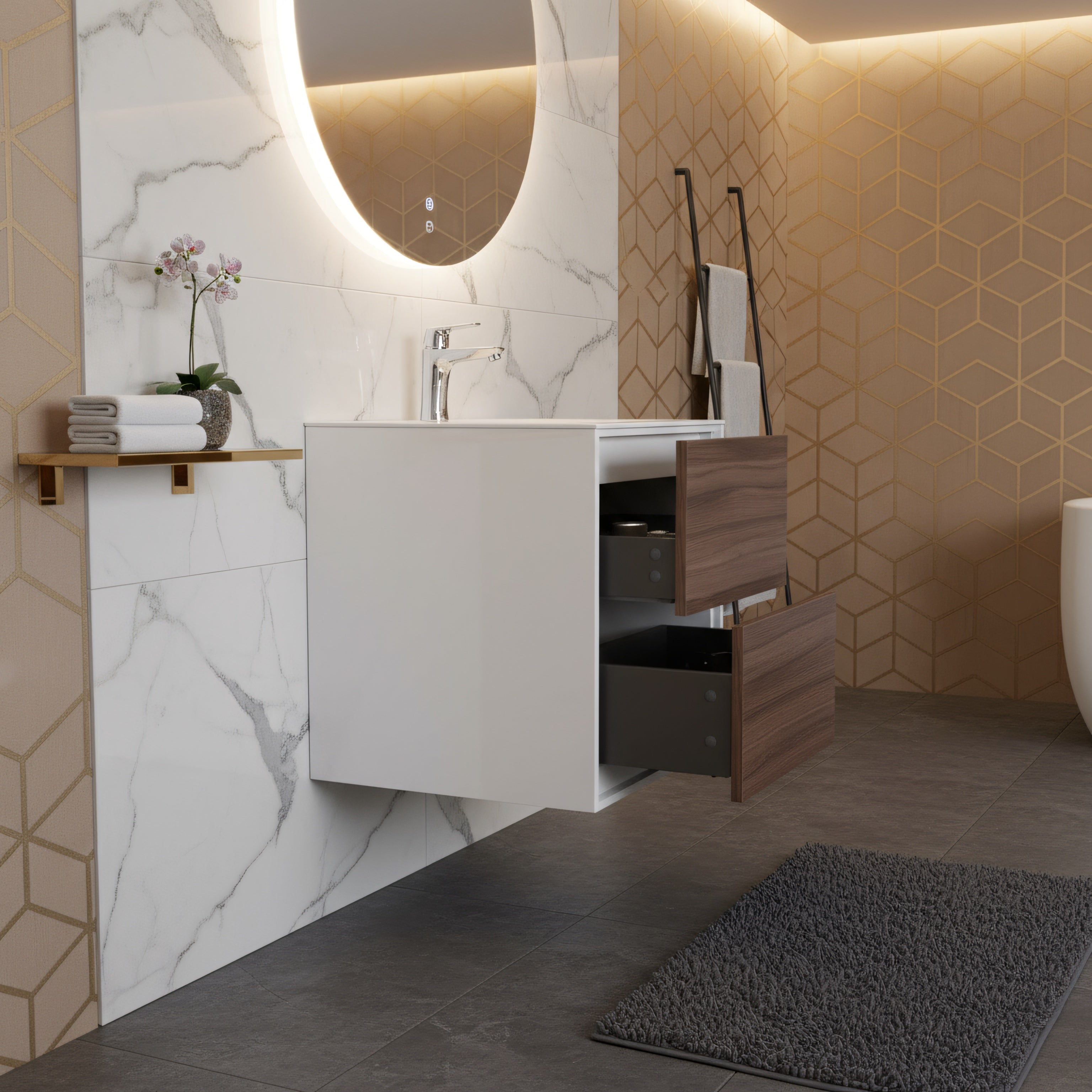 24" Walnut Wall Mount Vanity with White Polymarble Countertop-Migration_Bathroom Vanities-DECOROLALA