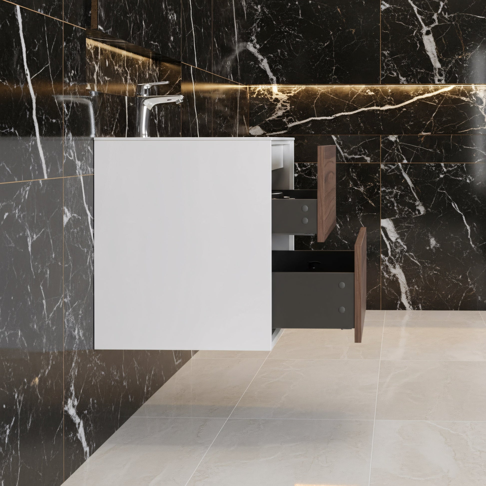 24" Walnut Wall Mount Vanity with White Polymarble Countertop-Migration_Bathroom Vanities-DECOROLALA