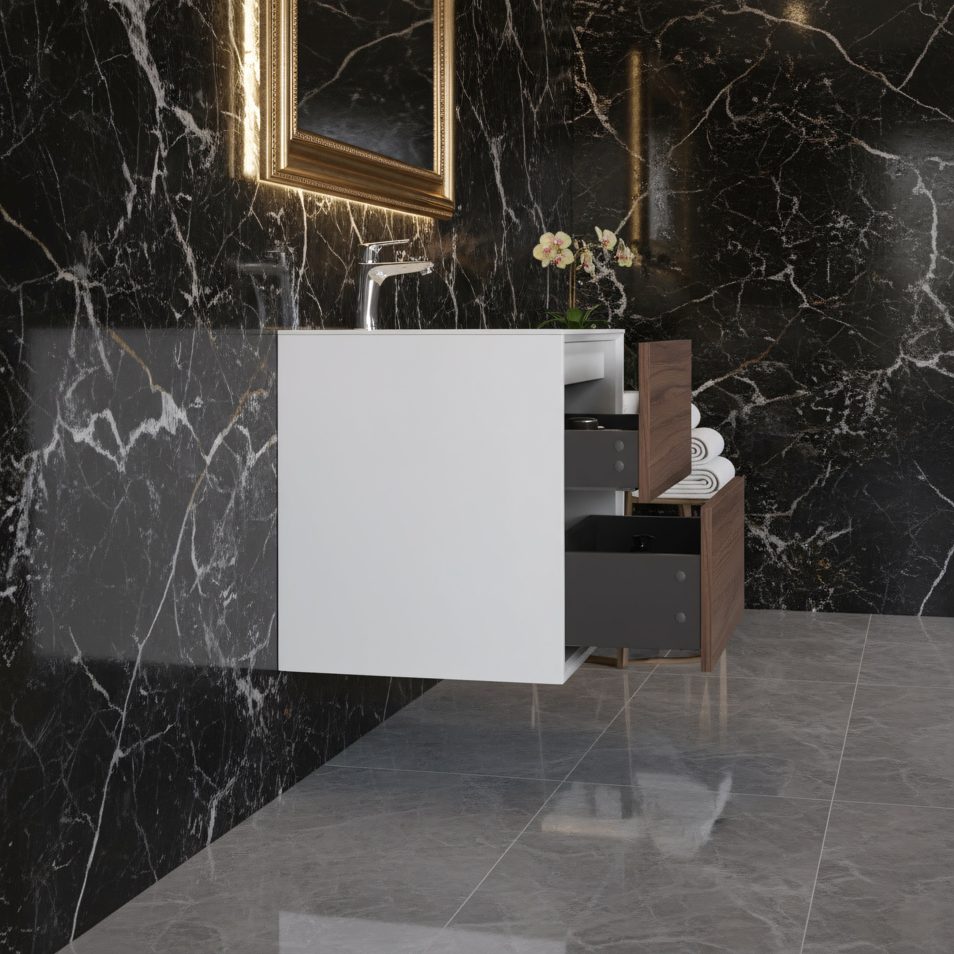 24" Walnut Wall Mount Vanity with White Polymarble Countertop-Migration_Bathroom Vanities-DECOROLALA