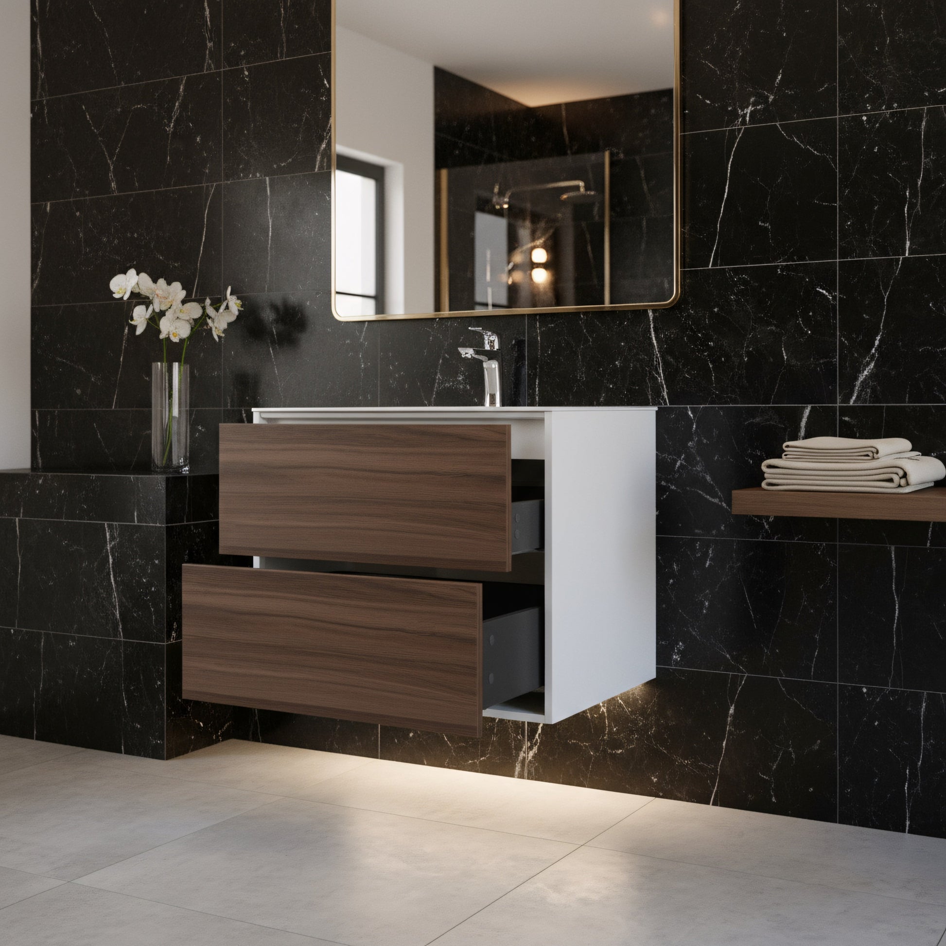 24" Walnut Wall Mount Vanity with White Polymarble Countertop-Migration_Bathroom Vanities-DECOROLALA