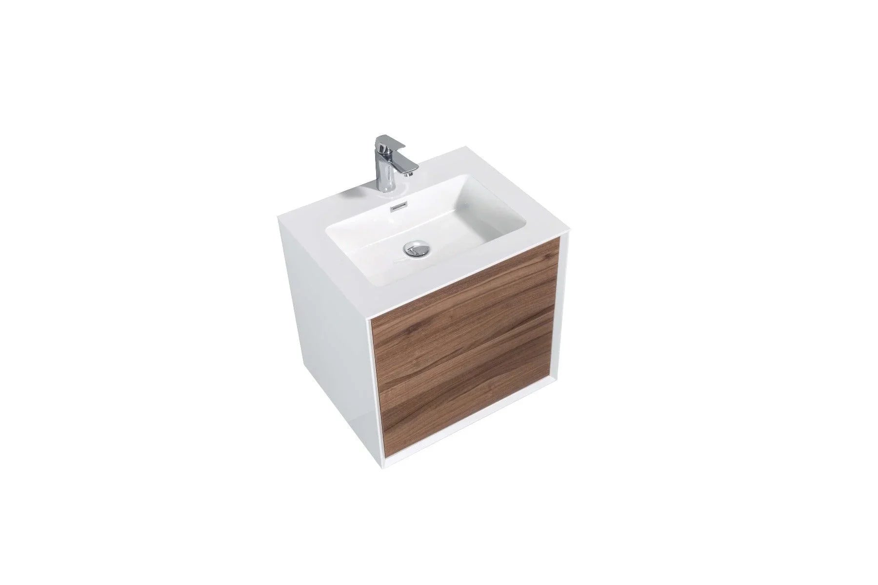 24" Walnut Wall Mount Vanity with White Polymarble Countertop-Migration_Bathroom Vanities-DECOROLALA