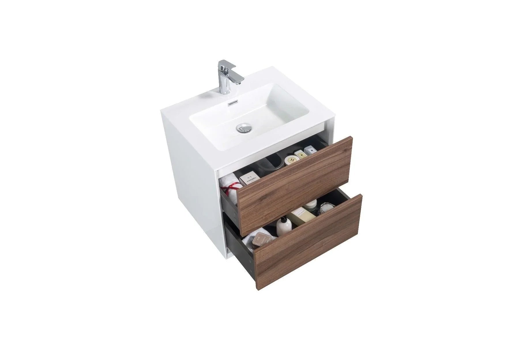 24" Walnut Wall Mount Vanity with White Polymarble Countertop-Migration_Bathroom Vanities-DECOROLALA