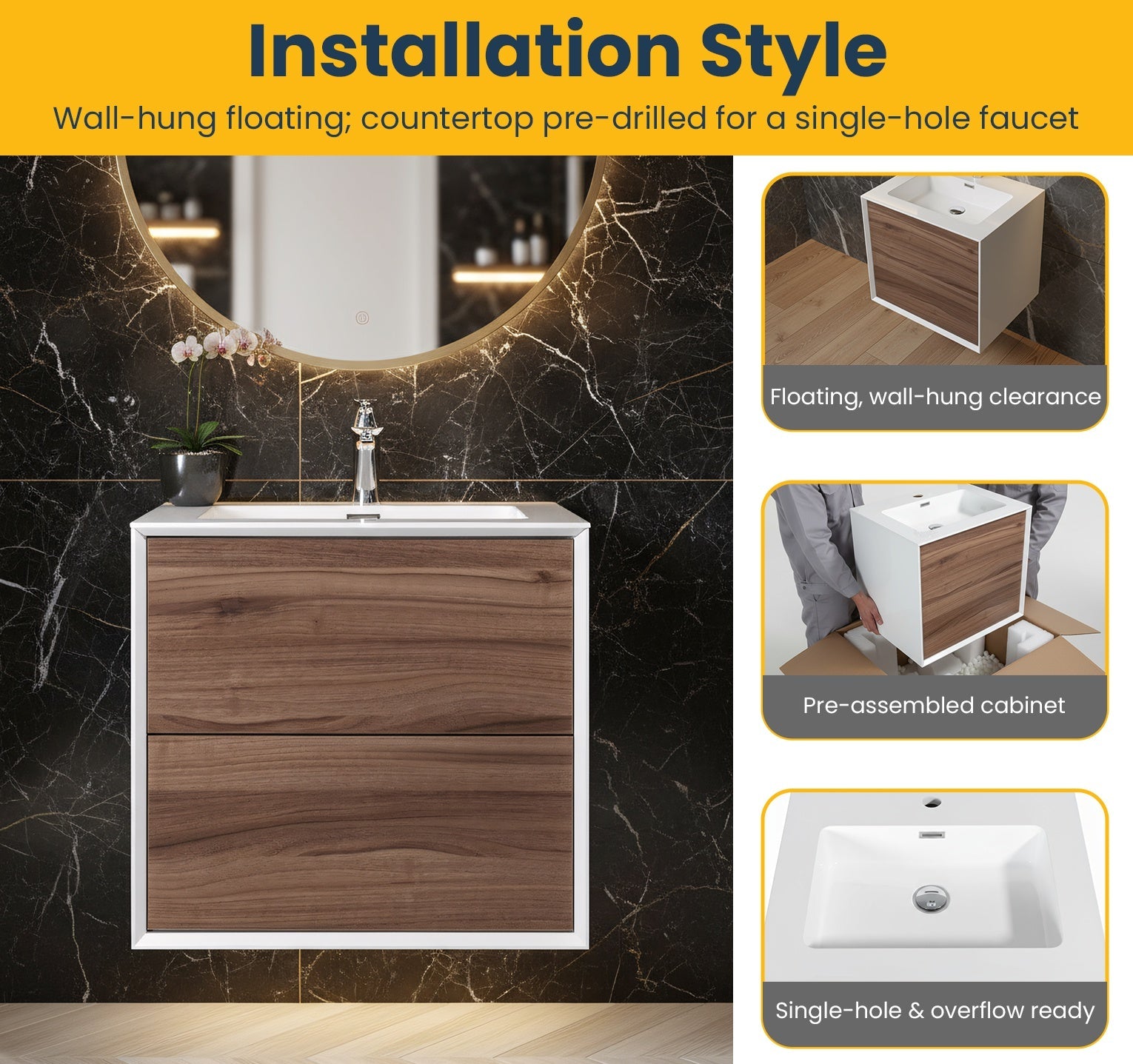 24" Walnut Wall Mount Vanity with White Polymarble Countertop-Migration_Bathroom Vanities-DECOROLALA