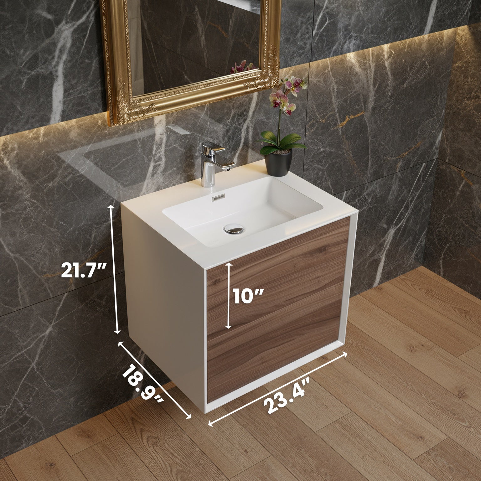 24" Walnut Wall Mount Vanity with White Polymarble Countertop-Migration_Bathroom Vanities-DECOROLALA