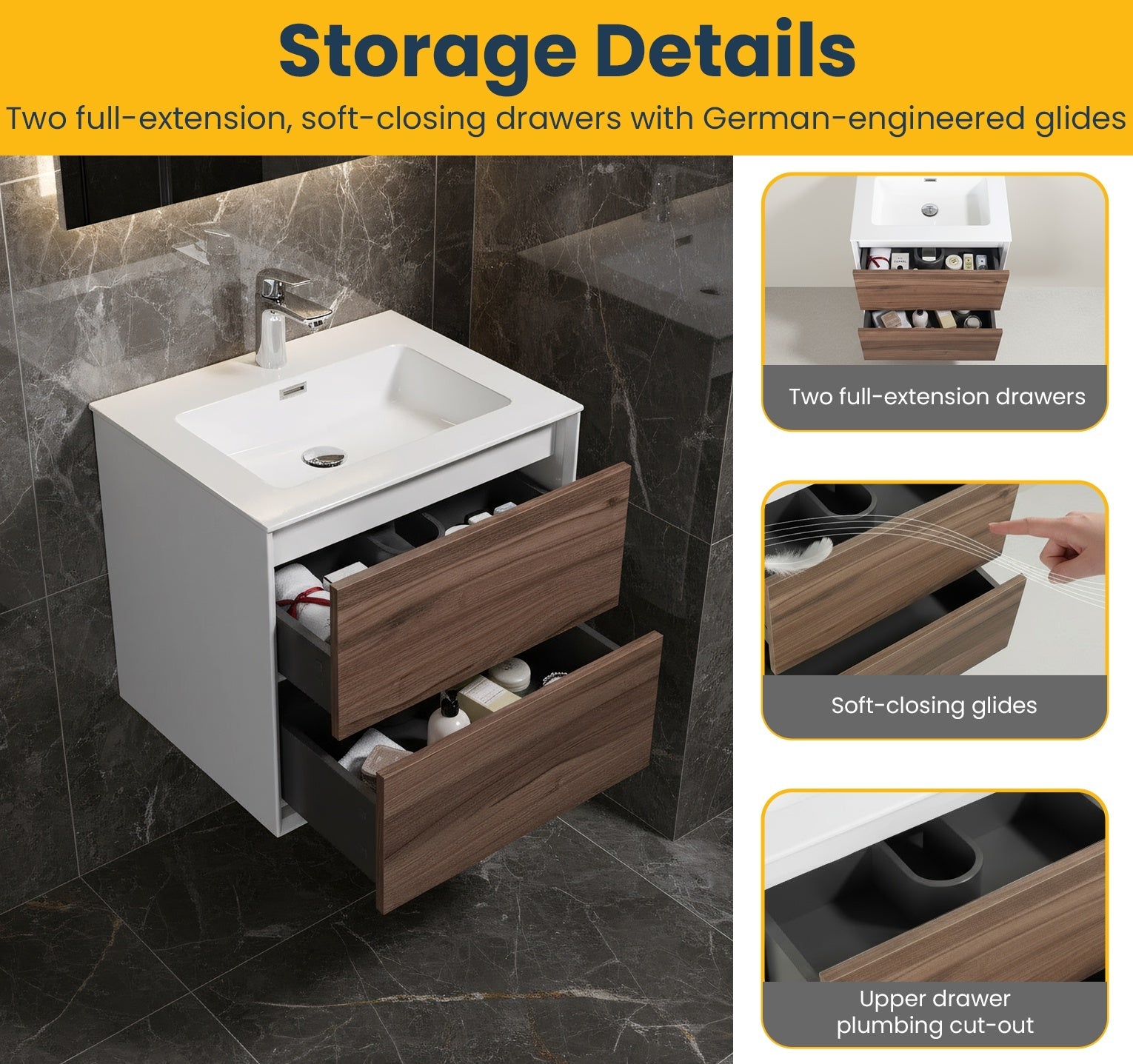 24" Walnut Wall Mount Vanity with White Polymarble Countertop-Migration_Bathroom Vanities-DECOROLALA