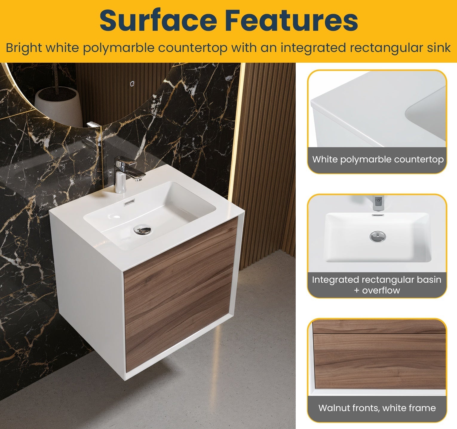 24" Walnut Wall Mount Vanity with White Polymarble Countertop-Migration_Bathroom Vanities-DECOROLALA