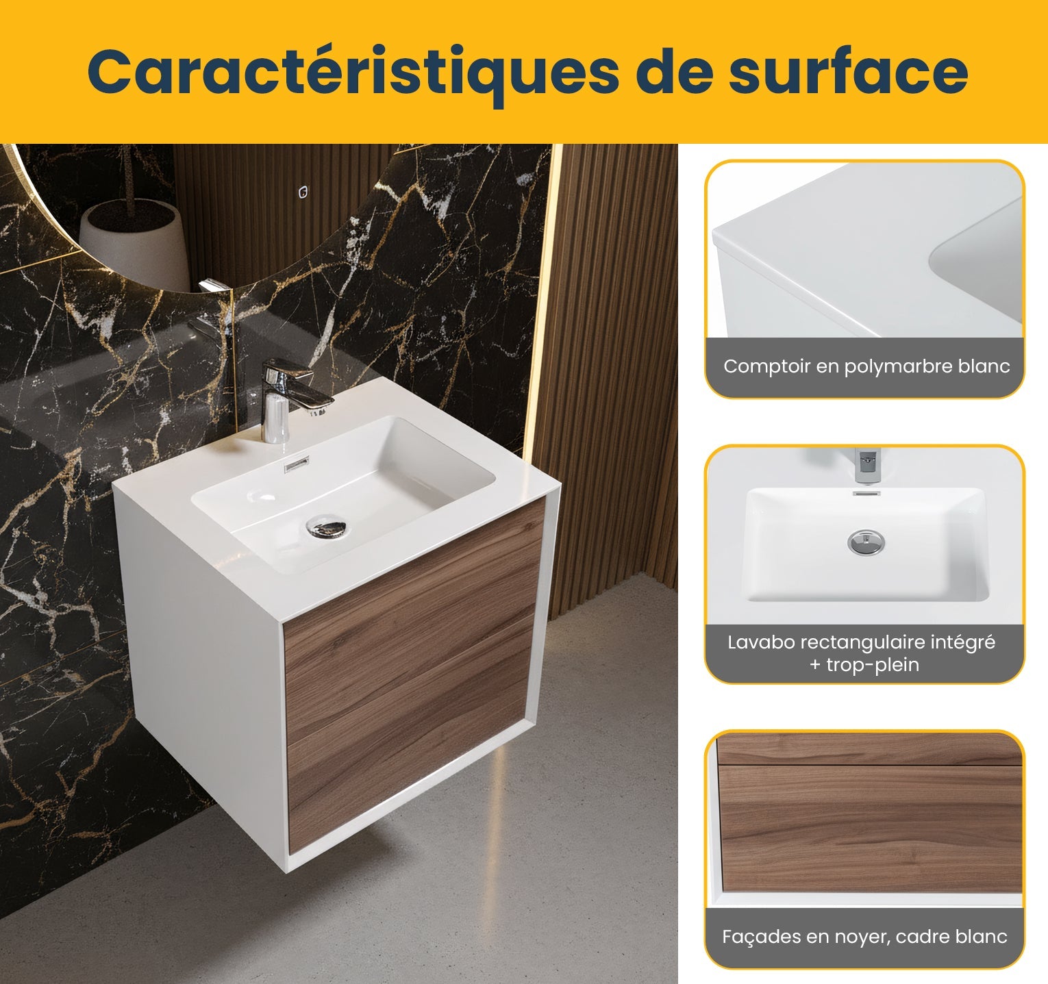 24" Walnut Wall Mount Vanity with White Polymarble Countertop-Migration_Bathroom Vanities-DECOROLALA