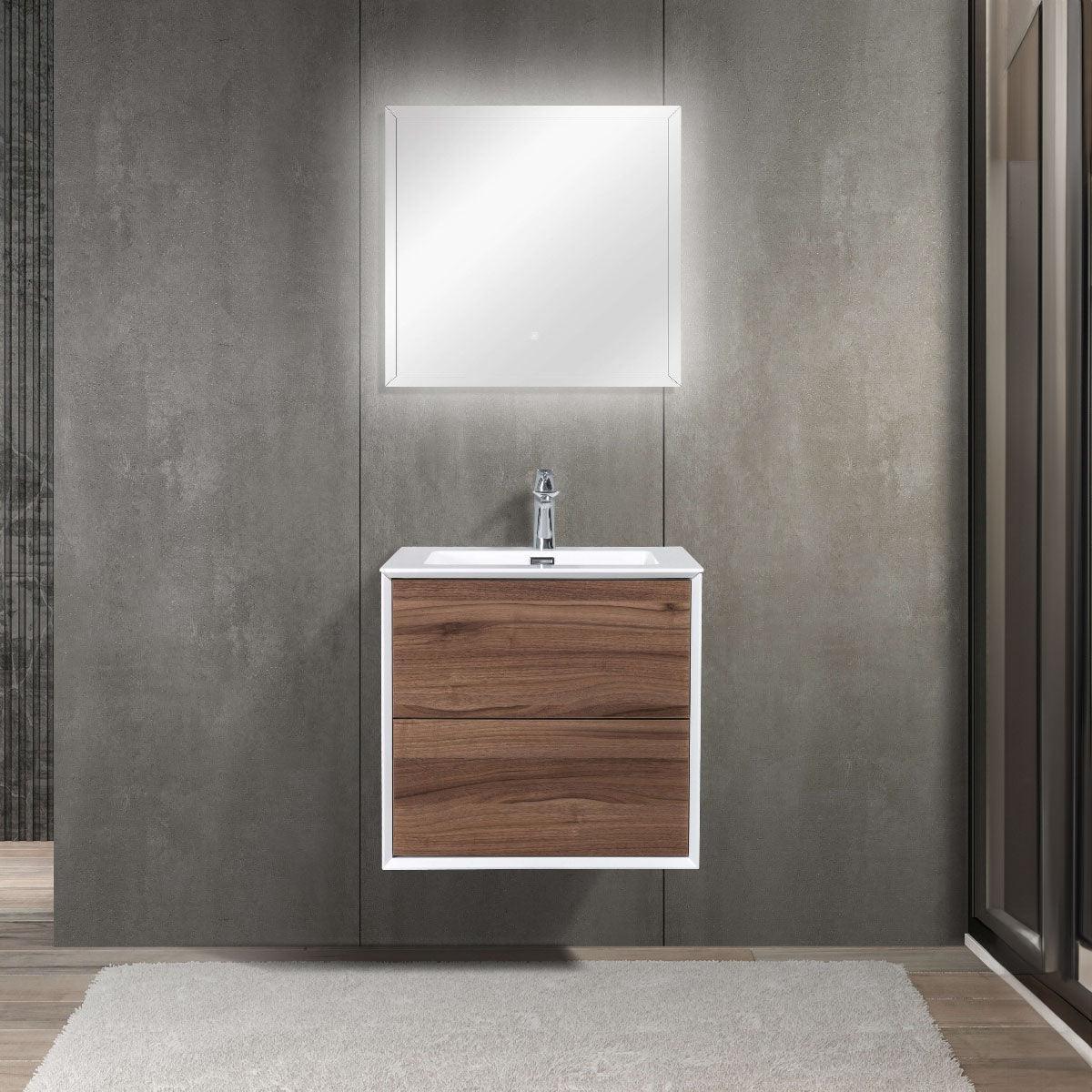 24" Walnut Wall Mount Vanity with White Polymarble Countertop-Migration_Bathroom Vanities-DECOROLALA