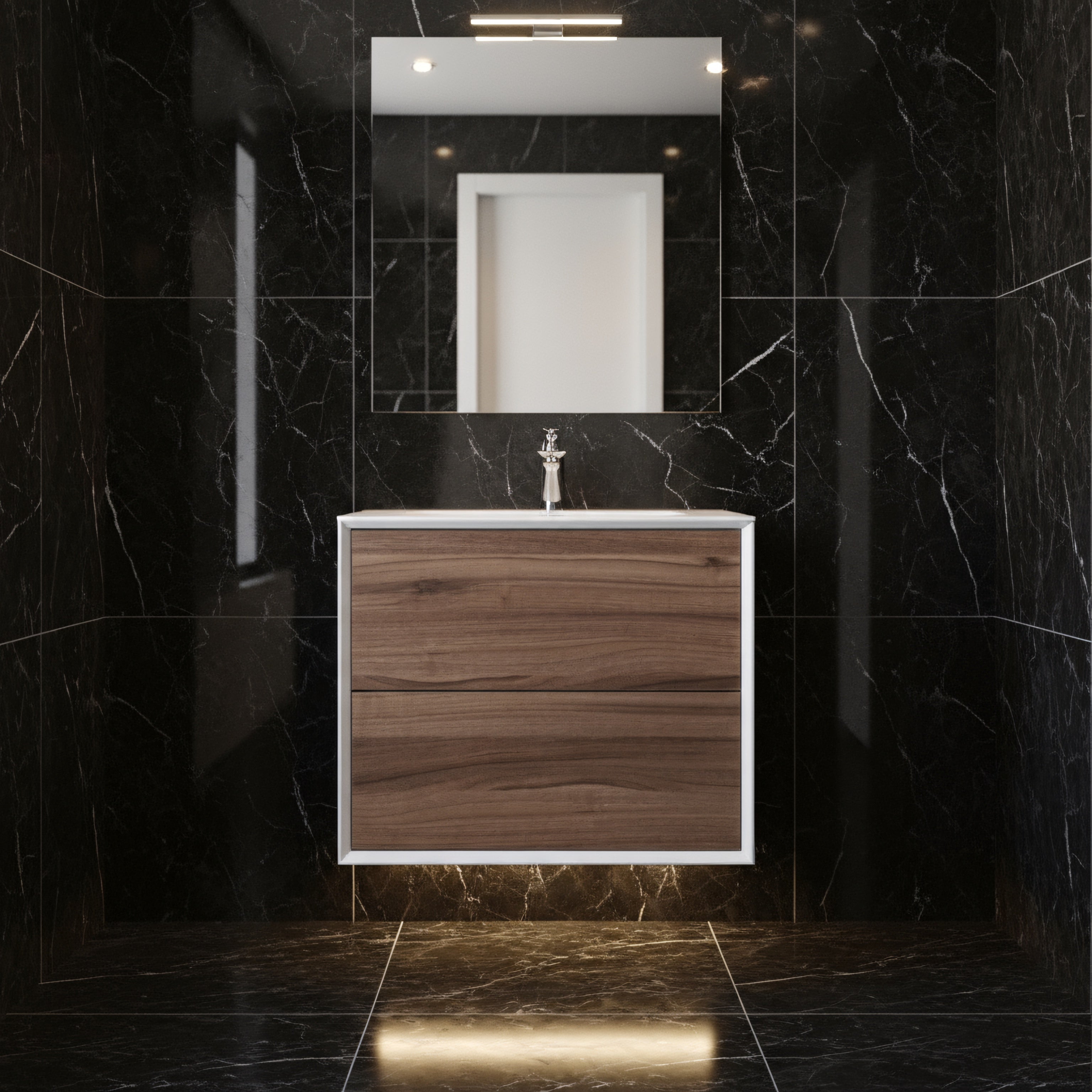 24" Walnut Wall Mount Vanity with White Polymarble Countertop-Migration_Bathroom Vanities-DECOROLALA