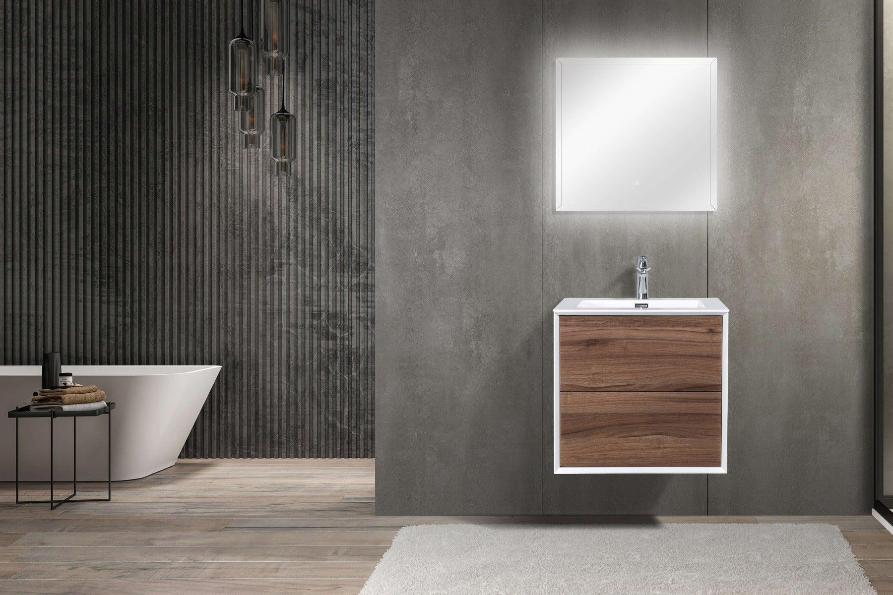 24" Walnut Wall Mount Vanity with White Polymarble Countertop-Migration_Bathroom Vanities-DECOROLALA