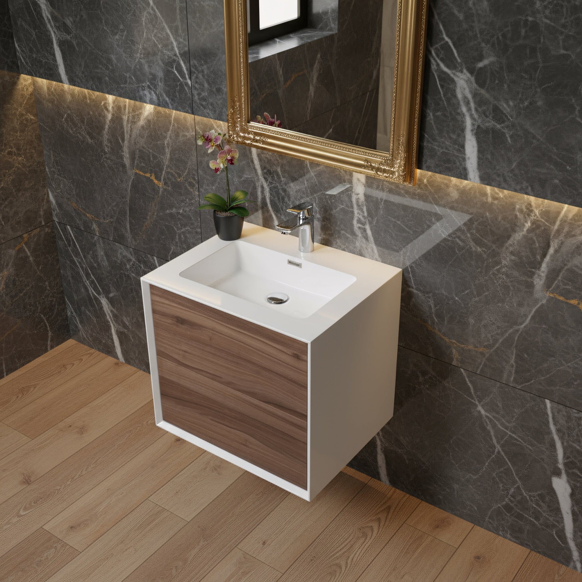 24" Walnut Wall Mount Vanity with White Polymarble Countertop-Migration_Bathroom Vanities-DECOROLALA