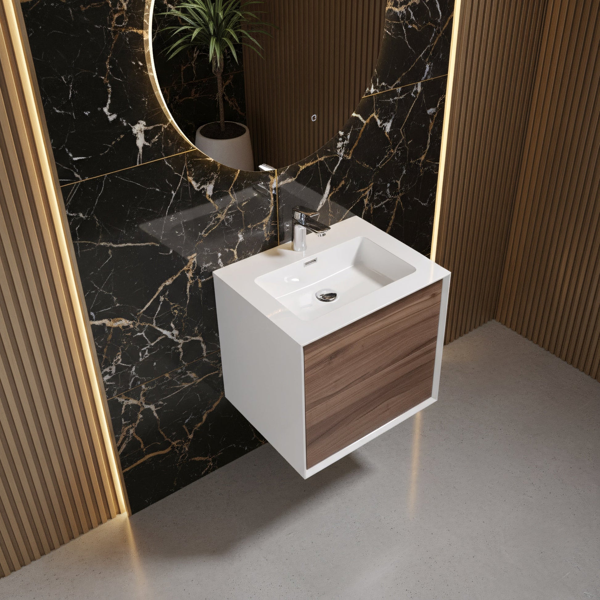 24" Walnut Wall Mount Vanity with White Polymarble Countertop-Migration_Bathroom Vanities-DECOROLALA