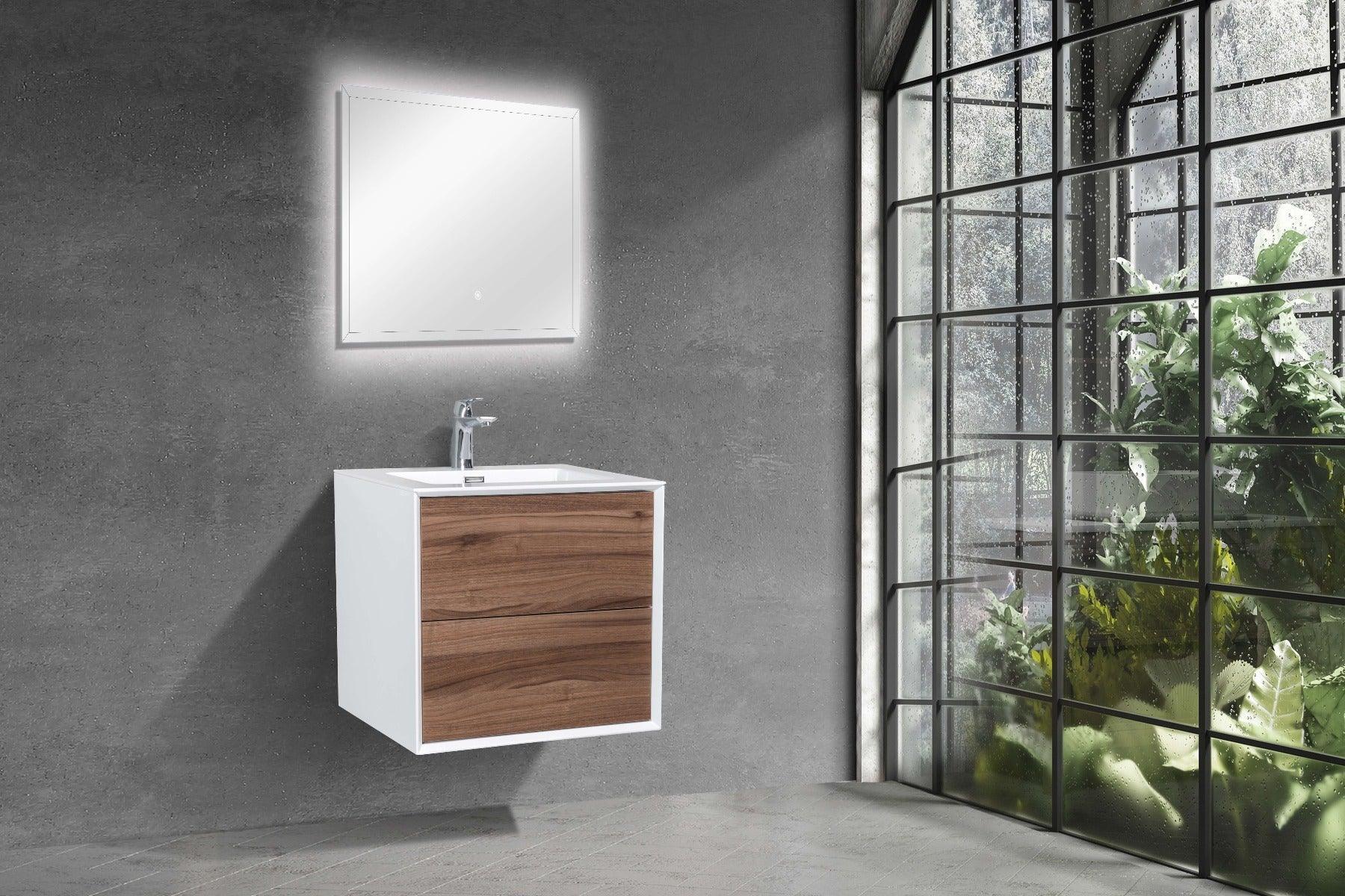 24" Walnut Wall Mount Vanity with White Polymarble Countertop-Migration_Bathroom Vanities-DECOROLALA