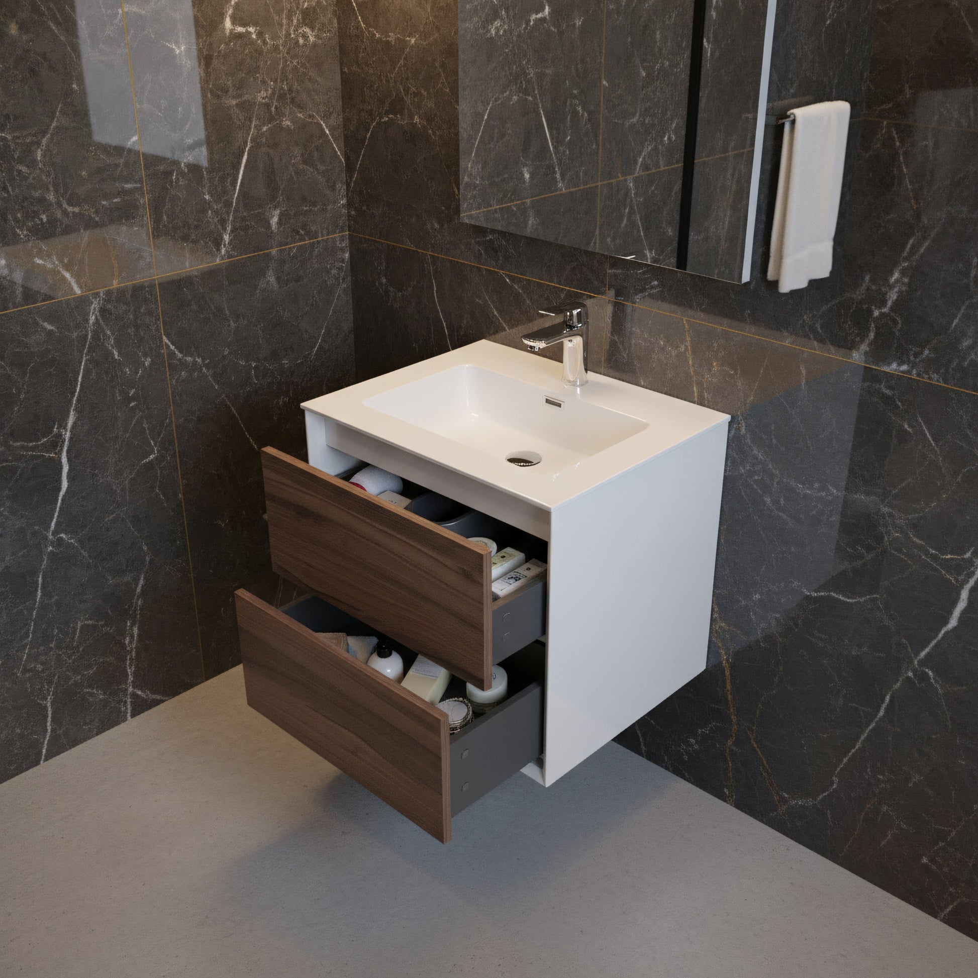 24" Walnut Wall Mount Vanity with White Polymarble Countertop-Migration_Bathroom Vanities-DECOROLALA