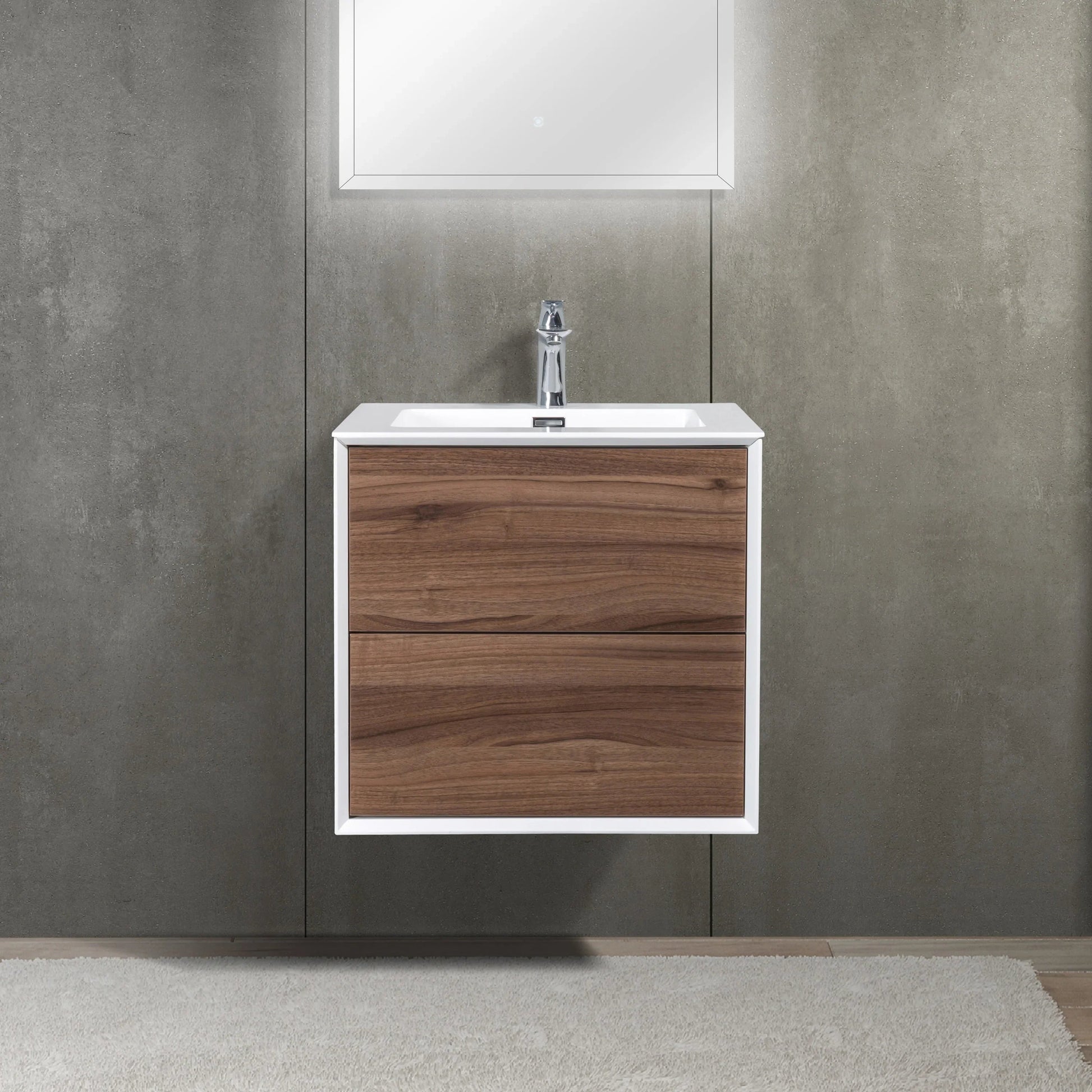24" Walnut Wall Mount Vanity with White Polymarble Countertop-Migration_Bathroom Vanities-DECOROLALA