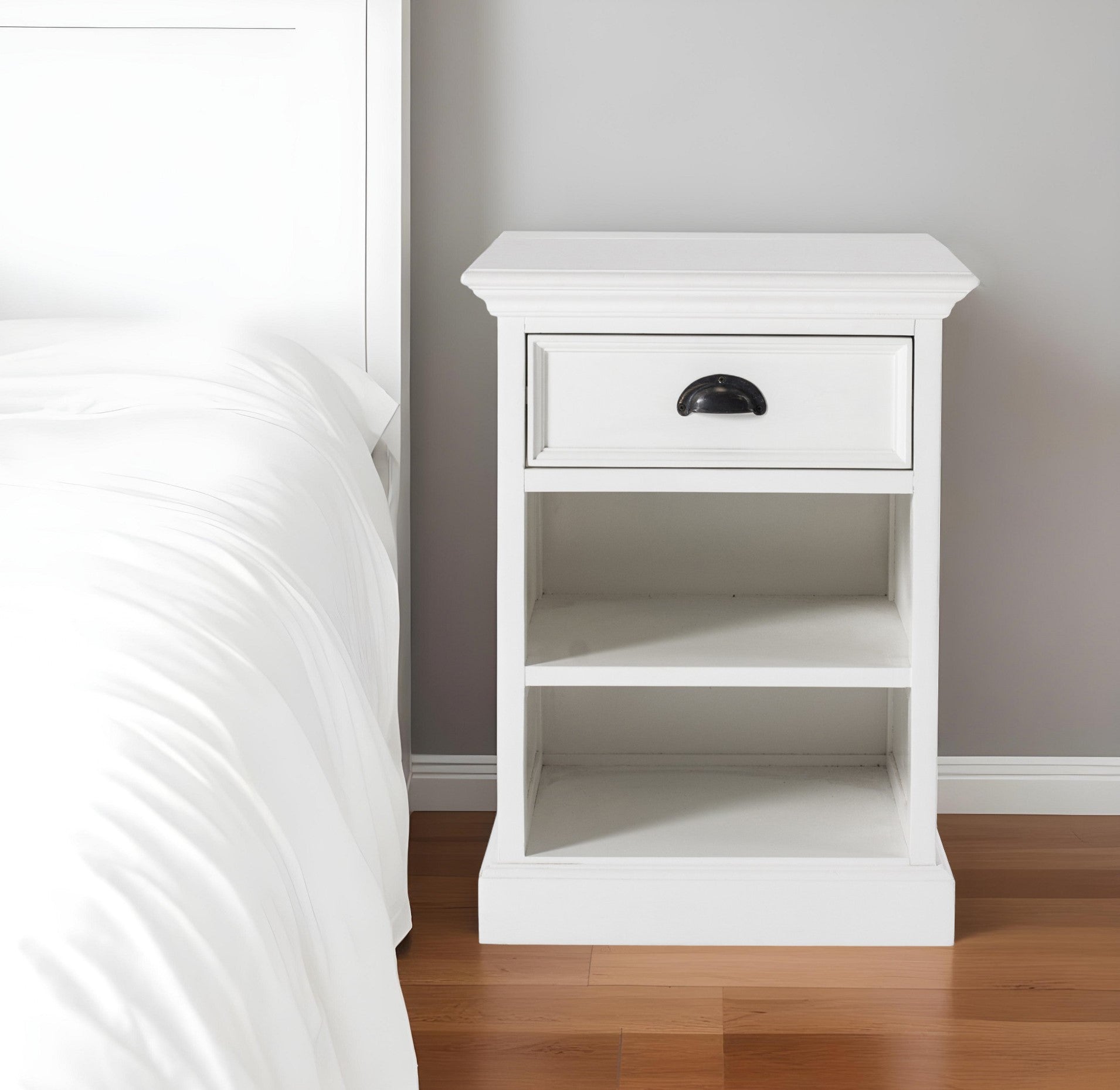 24" White Solid Wood Distressed One Drawer Nightstand-Nightstands & Bedside Tables-DECOROLALA