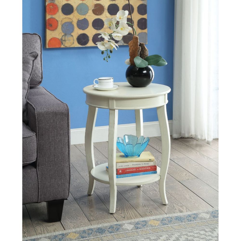 24" White Solid Wood Round End Table With Shelf-End-Side Tables-DECOROLALA
