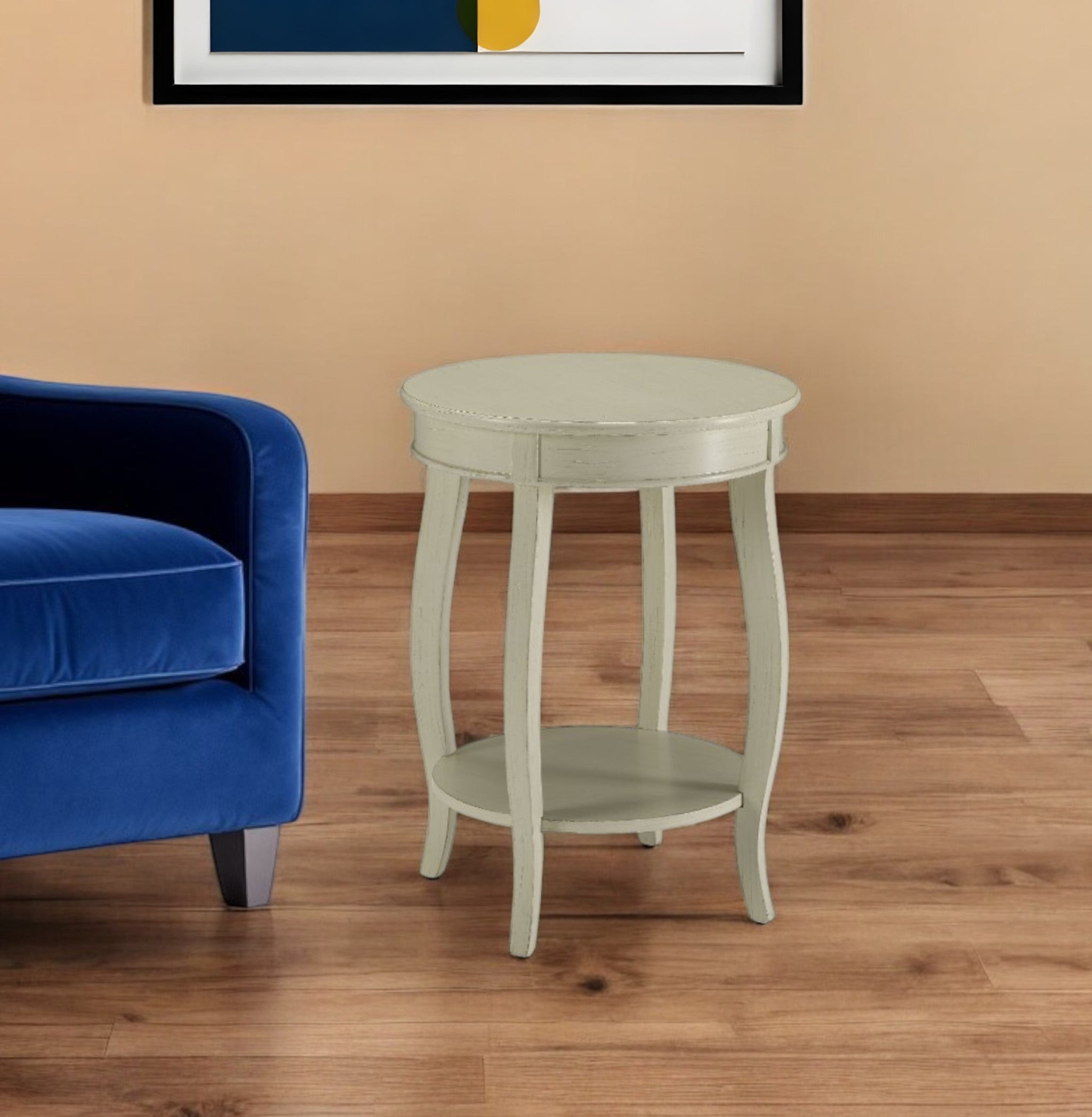 24" White Solid Wood Round End Table With Shelf-End-Side Tables-DECOROLALA