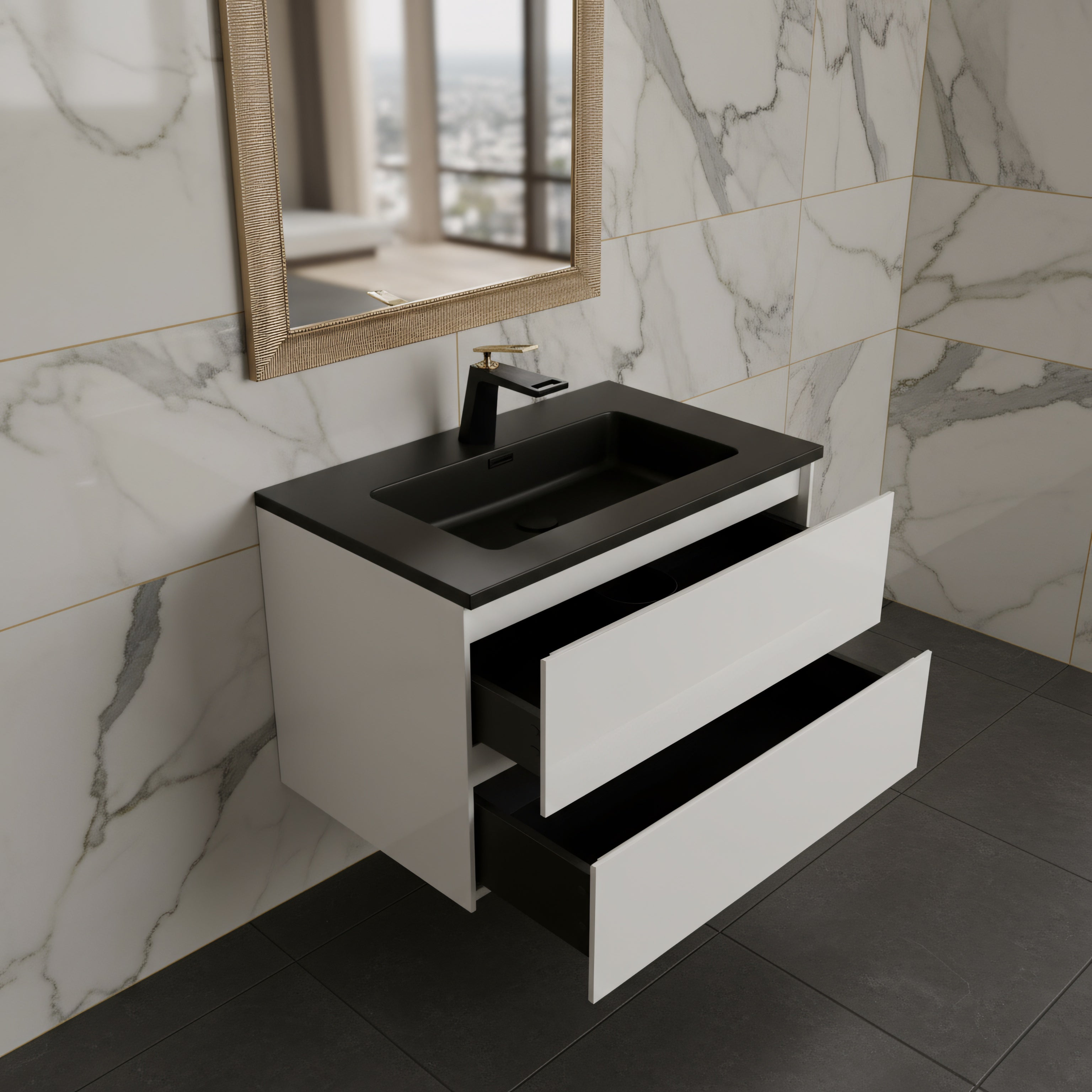 24" White Wall Mount Bathroom Vanity with Black Engineered Quartz Countertop-Migration_Bathroom Vanities-DECOROLALA
