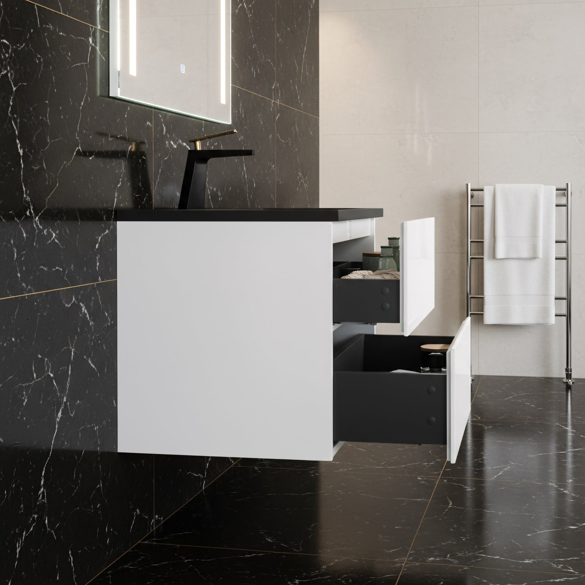 24" White Wall Mount Bathroom Vanity with Black Engineered Quartz Countertop-Migration_Bathroom Vanities-DECOROLALA