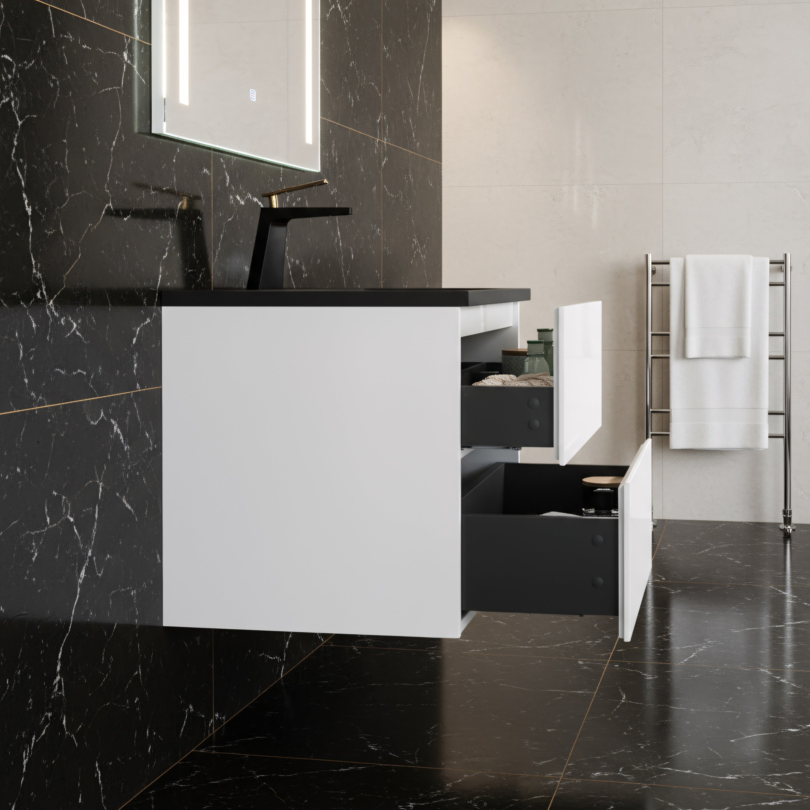 24" White Wall Mount Bathroom Vanity with Black Engineered Quartz Countertop-Migration_Bathroom Vanities-DECOROLALA