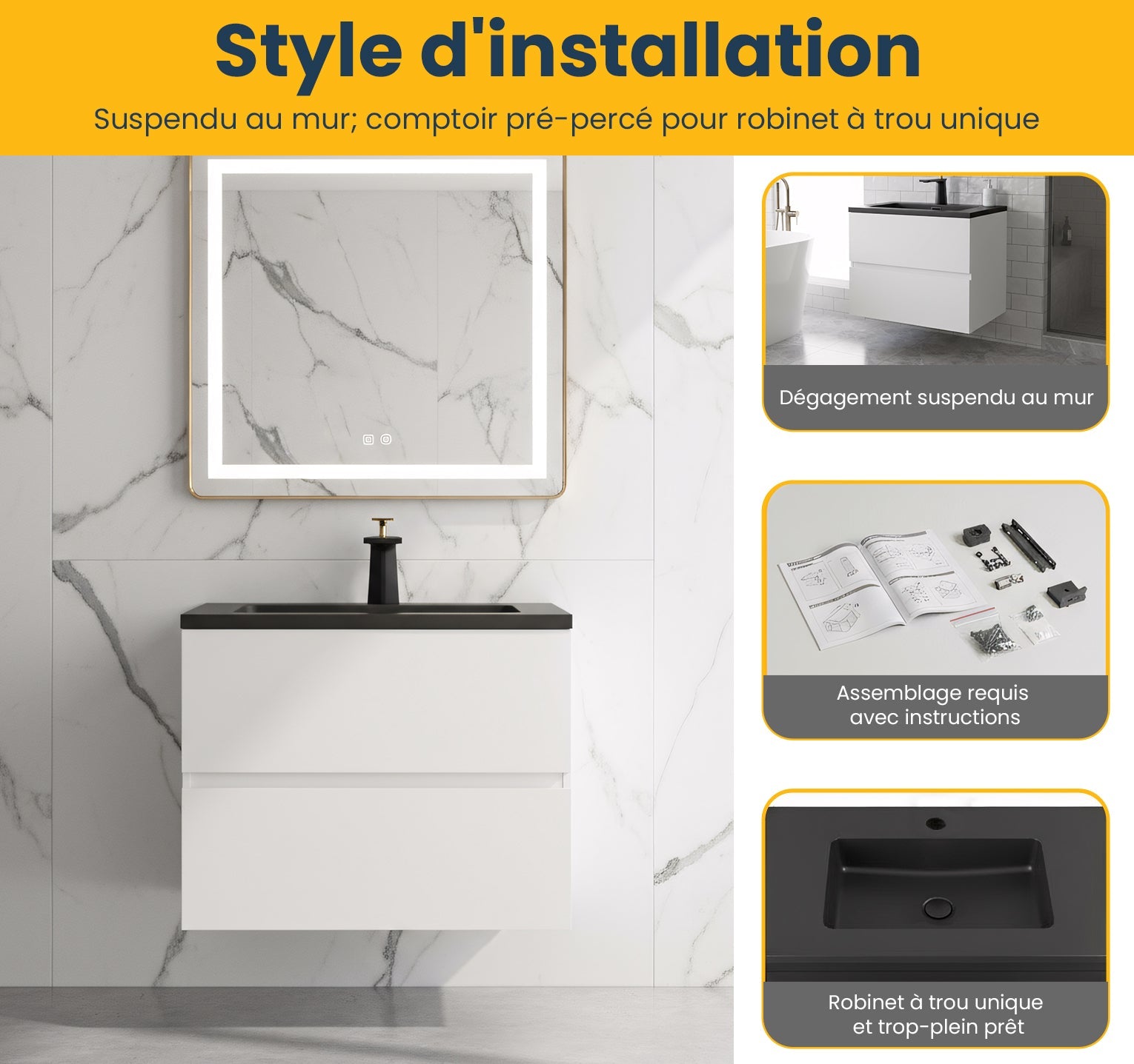 24" White Wall Mount Bathroom Vanity with Black Engineered Quartz Countertop-Migration_Bathroom Vanities-DECOROLALA