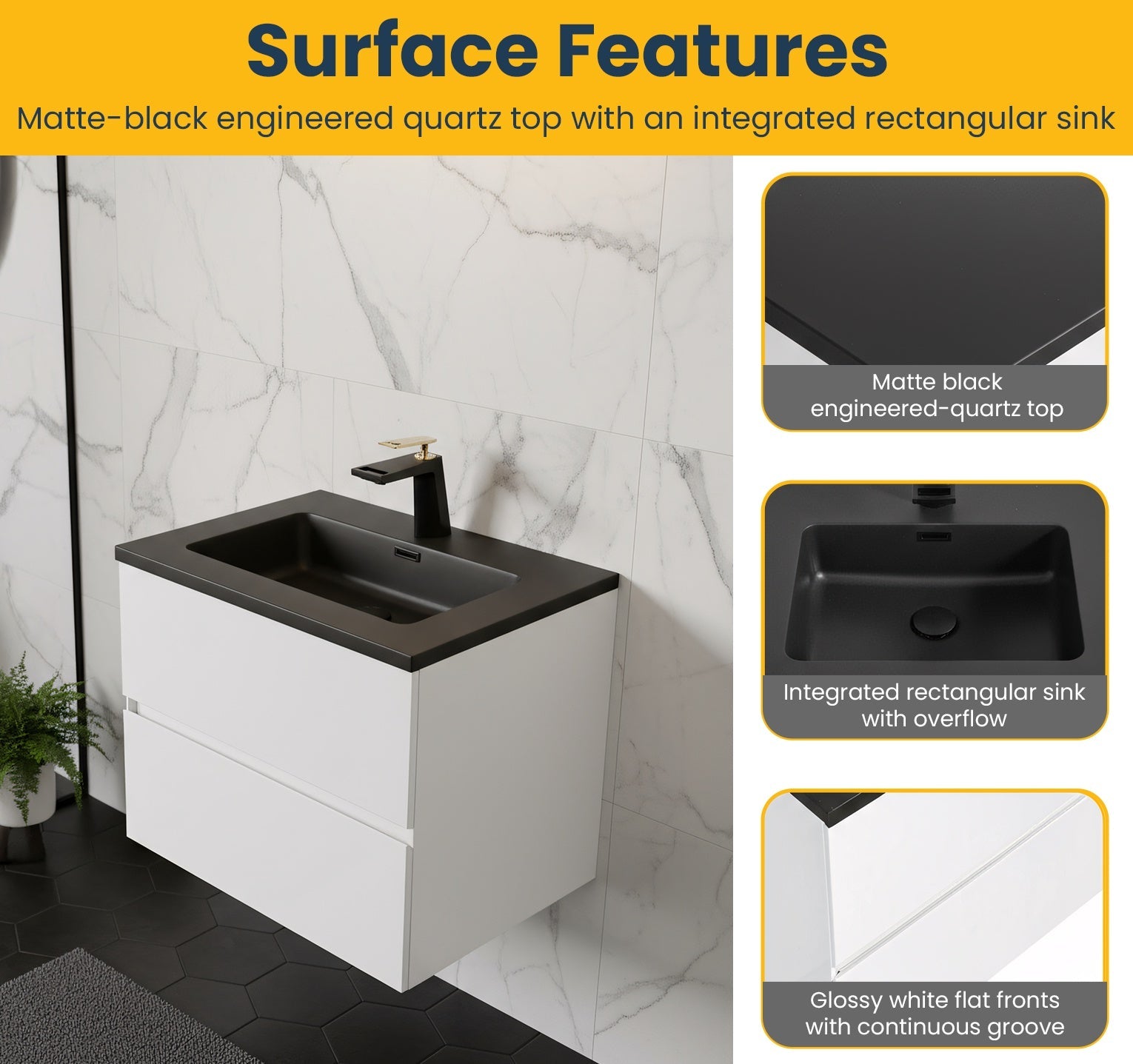 24" White Wall Mount Bathroom Vanity with Black Engineered Quartz Countertop-Migration_Bathroom Vanities-DECOROLALA