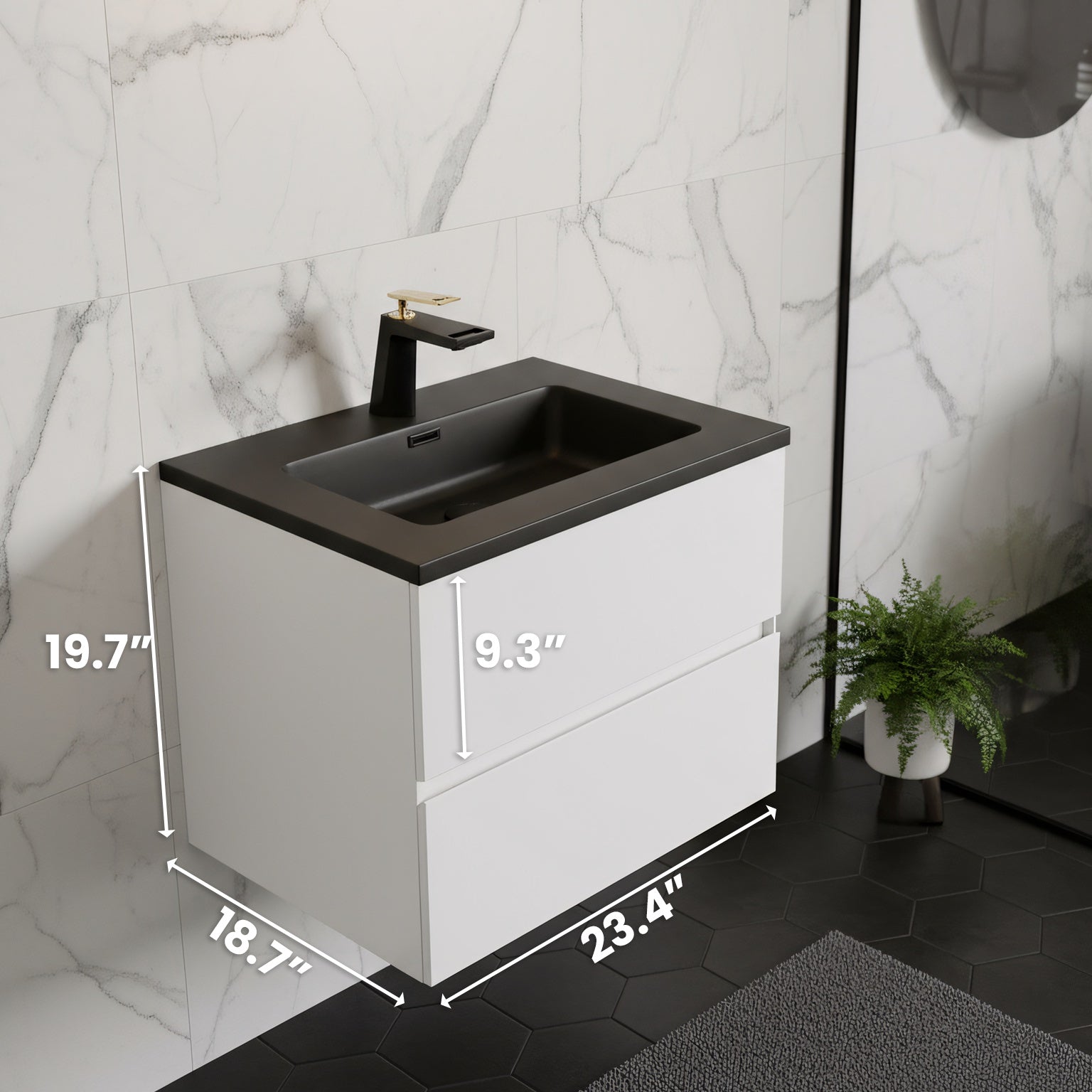 24" White Wall Mount Bathroom Vanity with Black Engineered Quartz Countertop-Migration_Bathroom Vanities-DECOROLALA