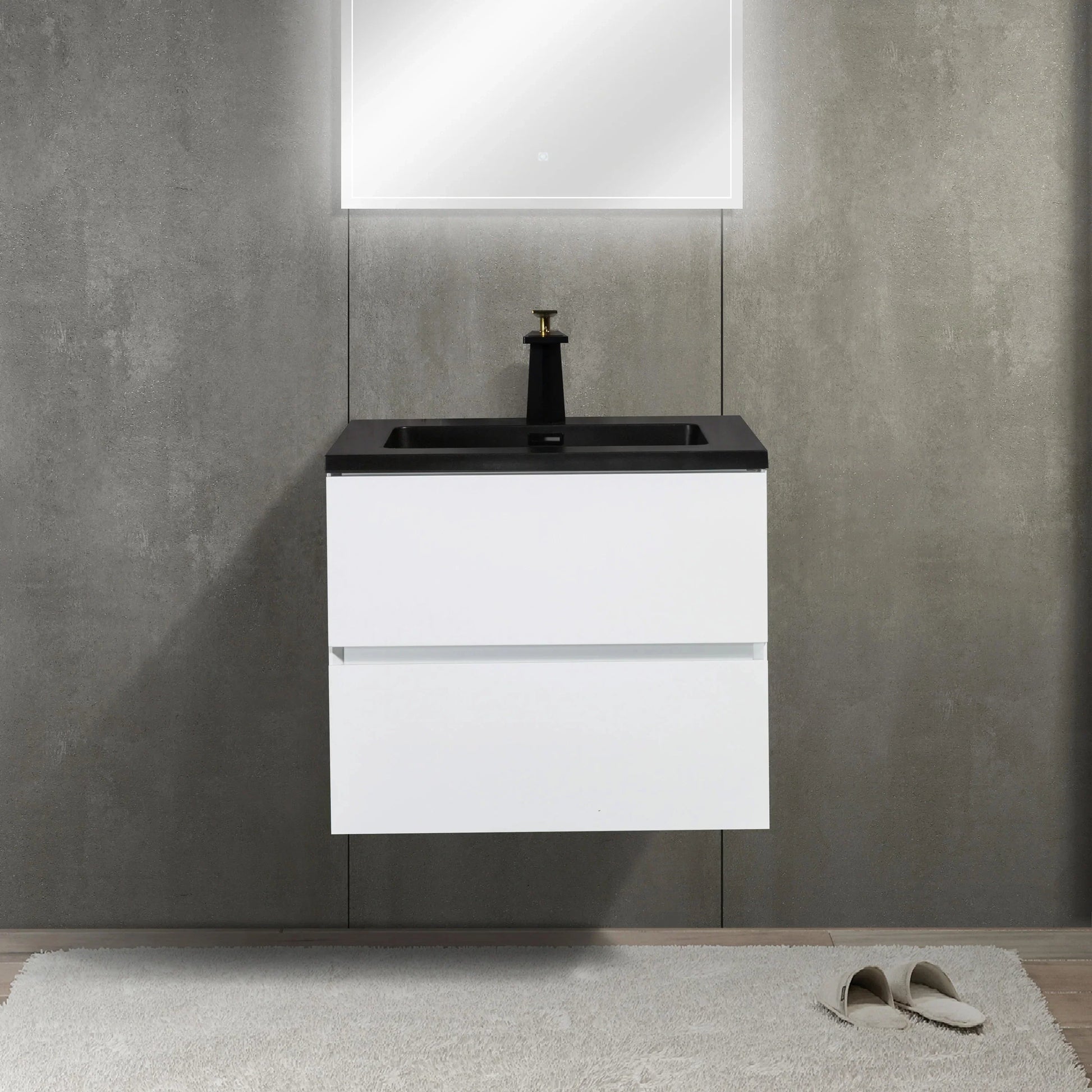 24" White Wall Mount Bathroom Vanity with Black Engineered Quartz Countertop-Migration_Bathroom Vanities-DECOROLALA