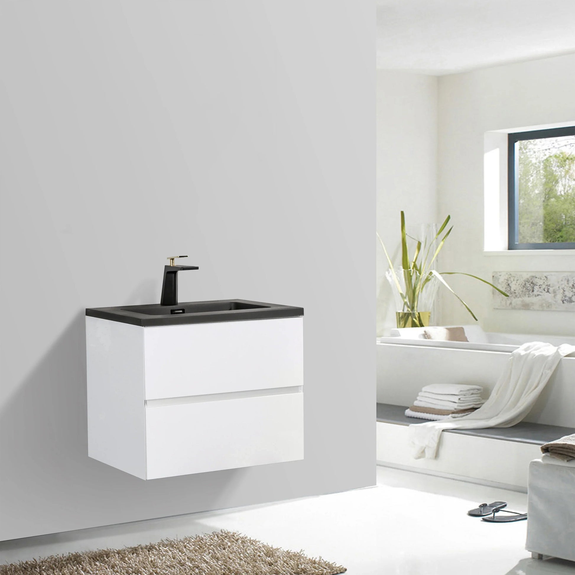 24" White Wall Mount Bathroom Vanity with Black Engineered Quartz Countertop-Migration_Bathroom Vanities-DECOROLALA
